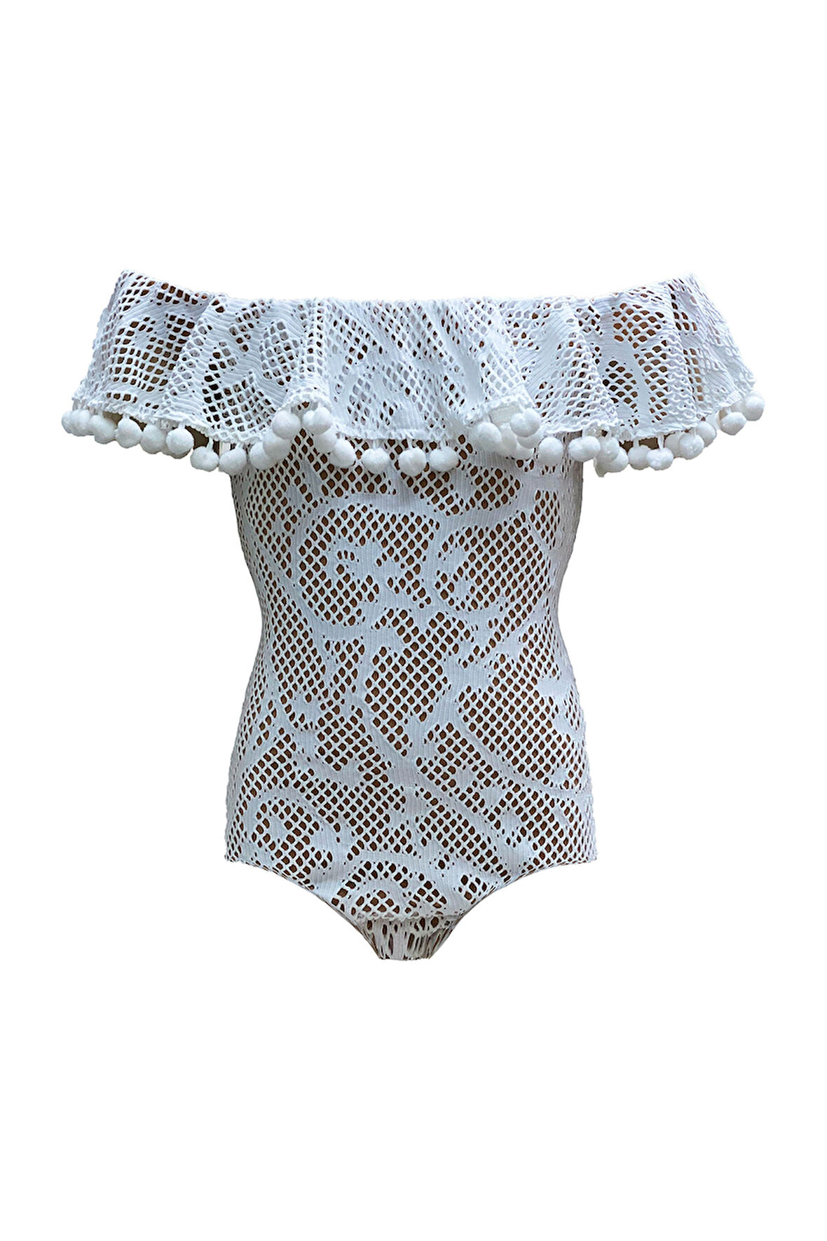 Tek Omuz Dantel Desenli Minik Ponpon Detaylı Full Astarlı 50UV Kız Çocuk Mayo BY NESSI BYRD