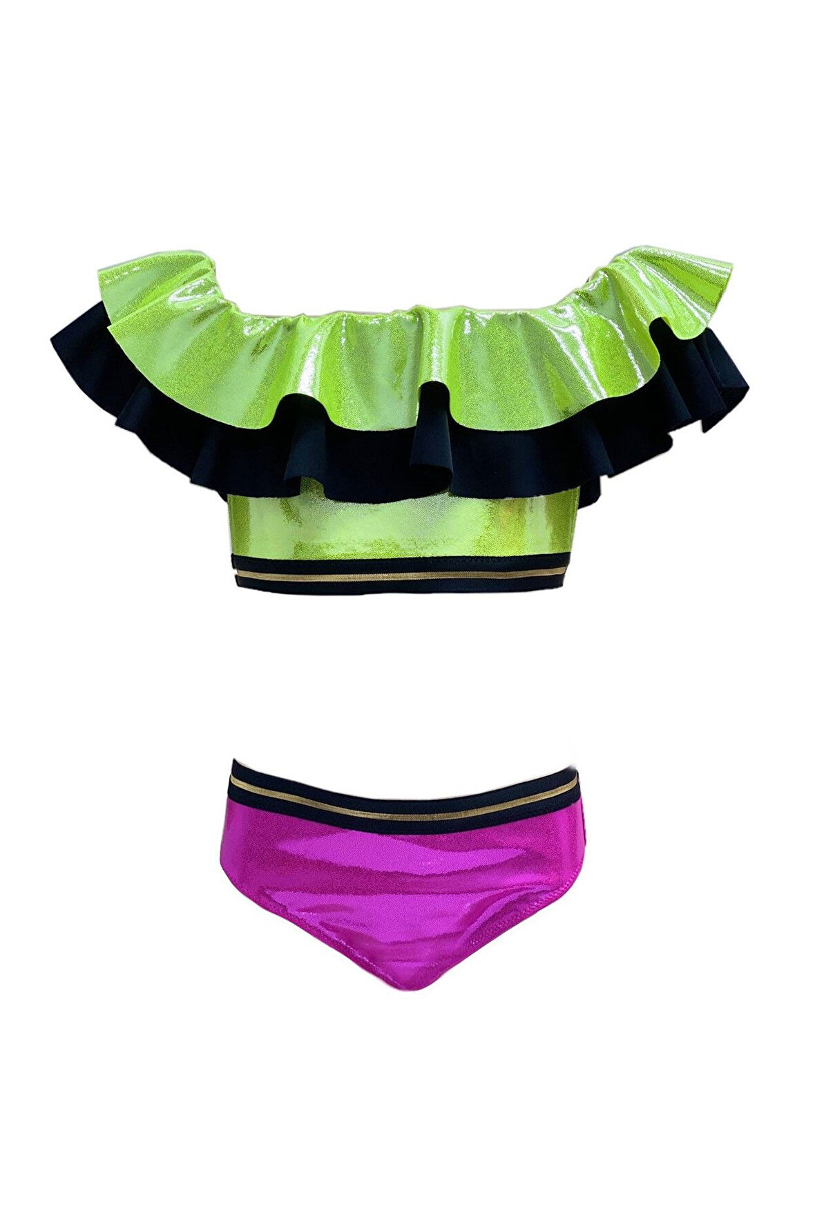 Volanlı Neon Yeşil-Pembe 50UV Kız Çocuk Bikini Takımı