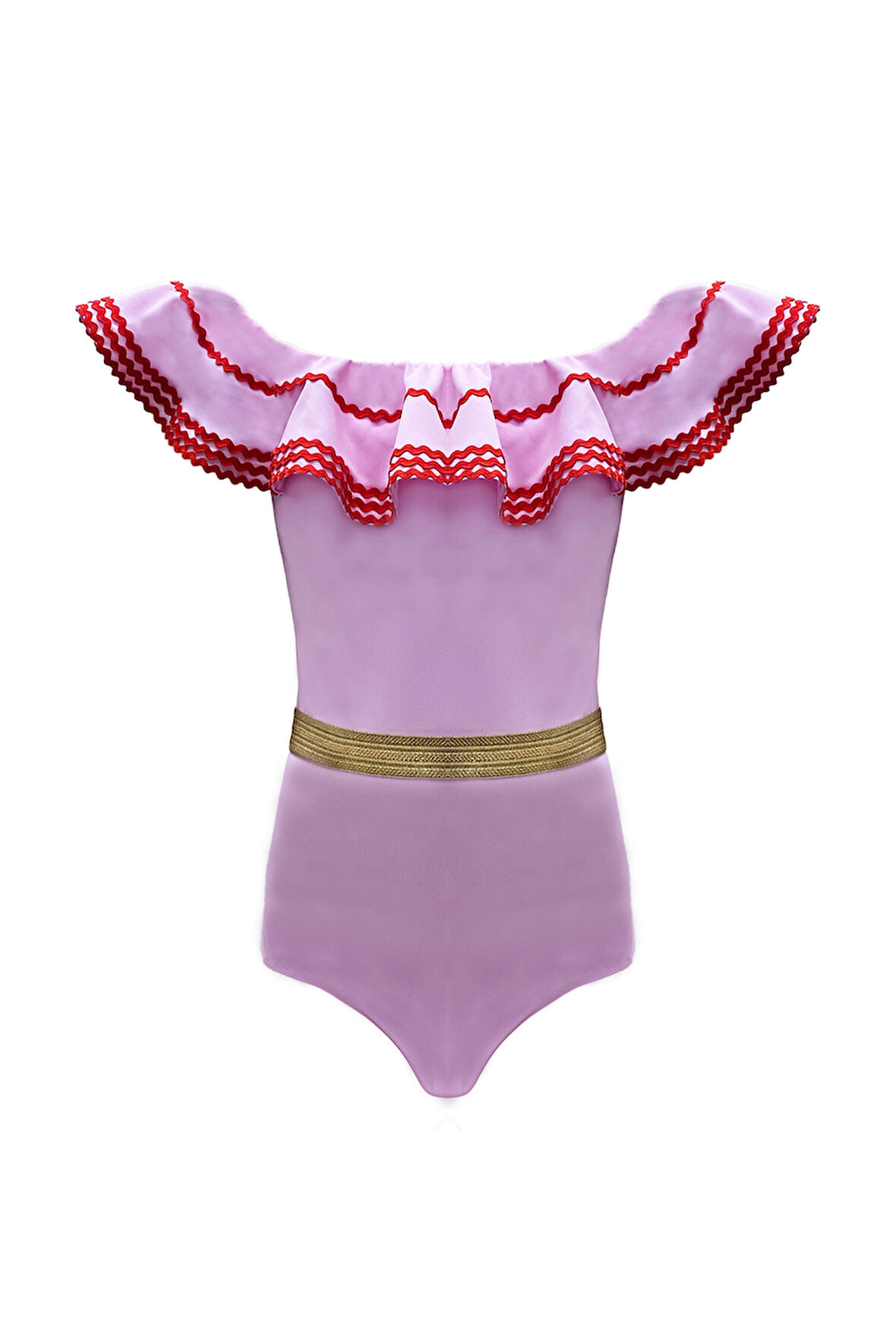 Kayık Yaka Fırfırlı Su Taşı Detaylı Gold Kemerli Pembe 50UV Kız Çocuk Mayo BY NESSI BYRD