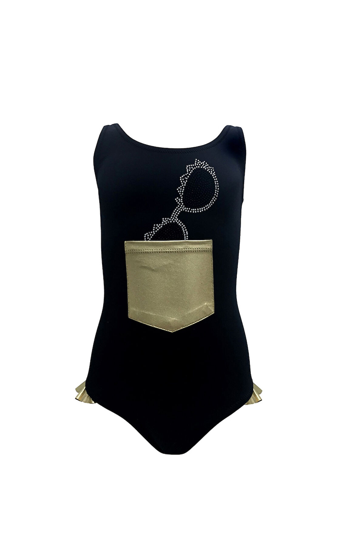 Taşlı Gözlük Tasarımlı Gold Cep Detaylı Fırfırlı-siyah 50UV Kız Çocuk Mayo BY NESSI BYRD