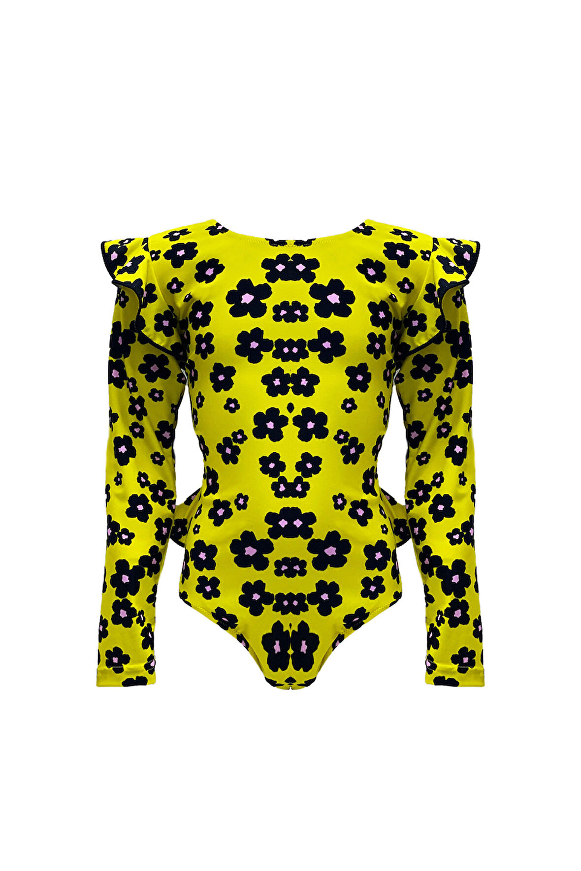 Bisiklet Yaka Papatya Desenli Fırfır Detaylı Sarı 50UV Uzun Kollu Kız Çocuk Mayo BY NESSI BYRD