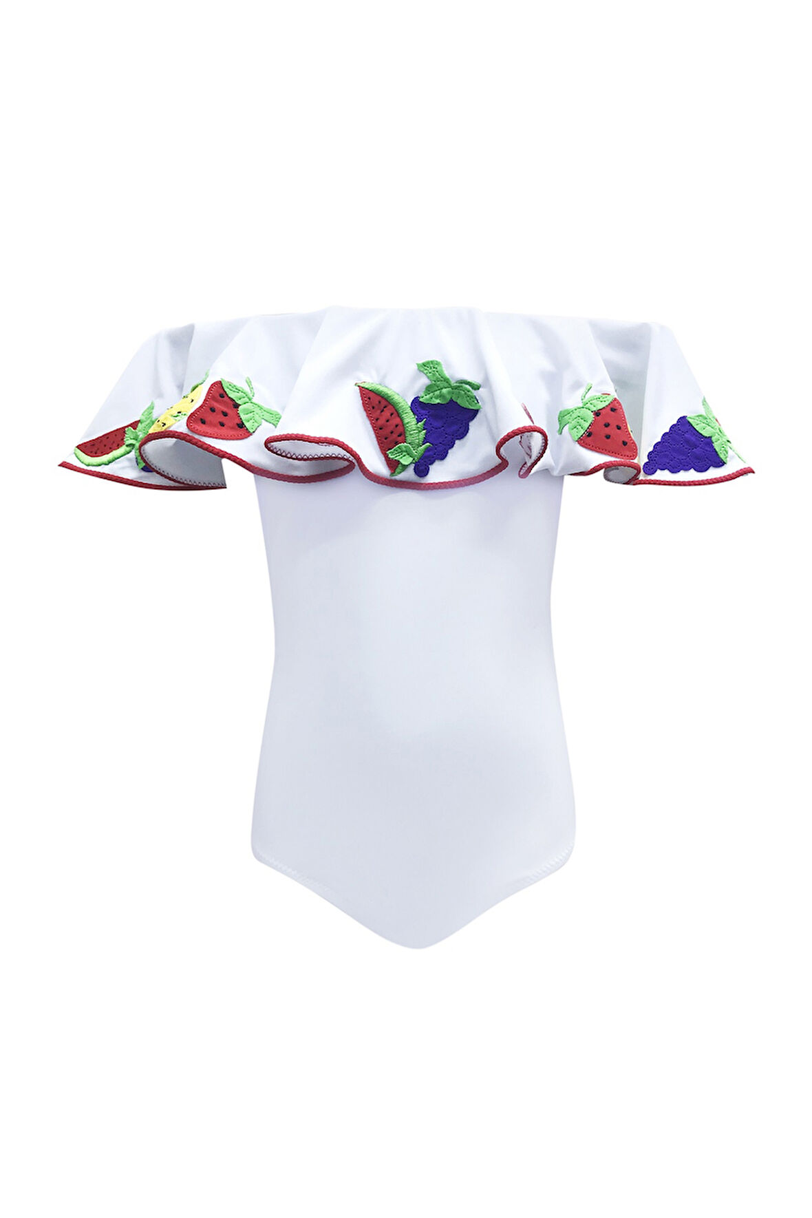 Kayık Yaka Volanlı Meyve Desen Nakışlı-Beyaz 50UV Kız Çocuk Mayo BY NESSI BYRD 