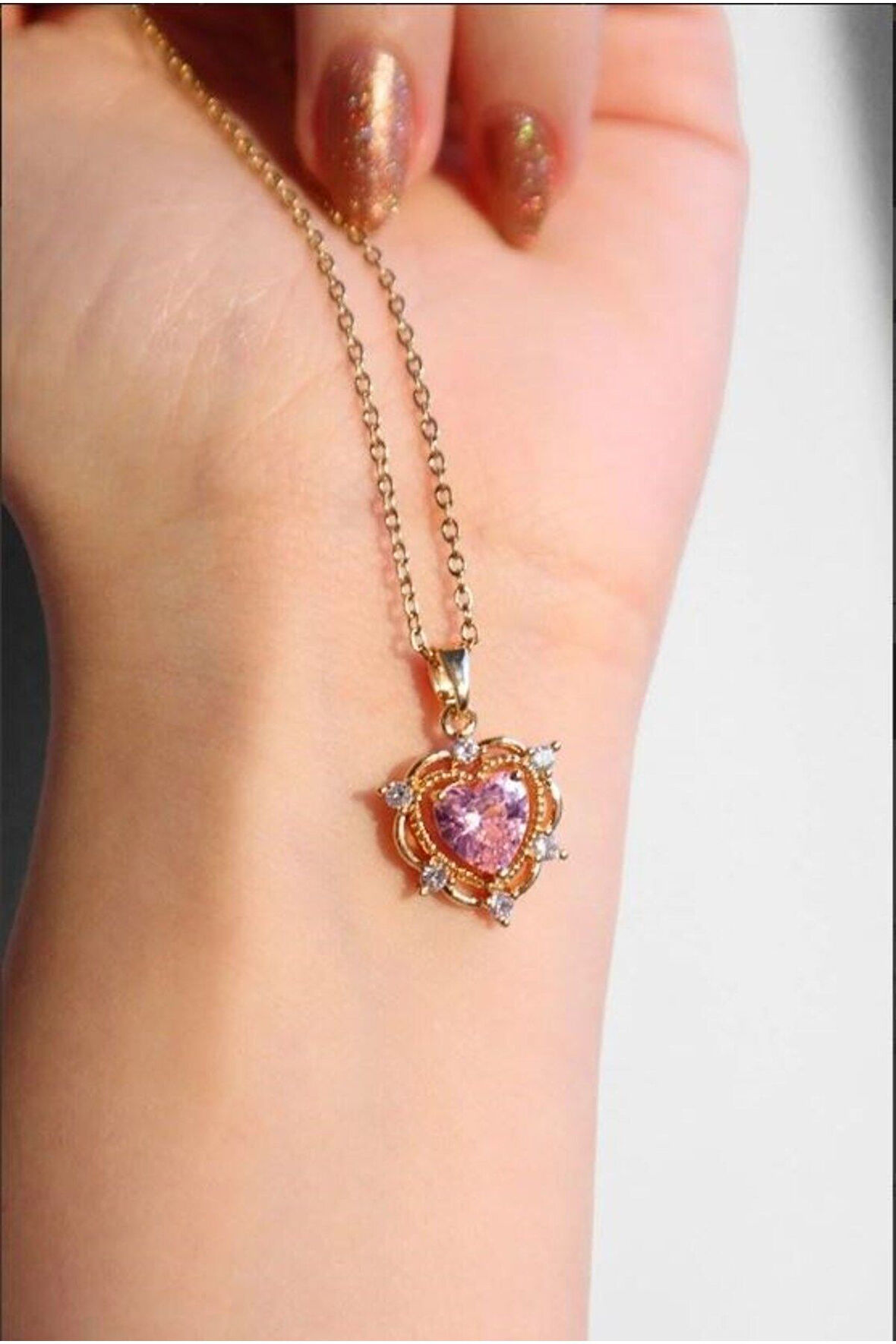 Gold Zincirli Zirkon Taşlı Pembe Kalp Heart Paslanmaz Çelik Kolye