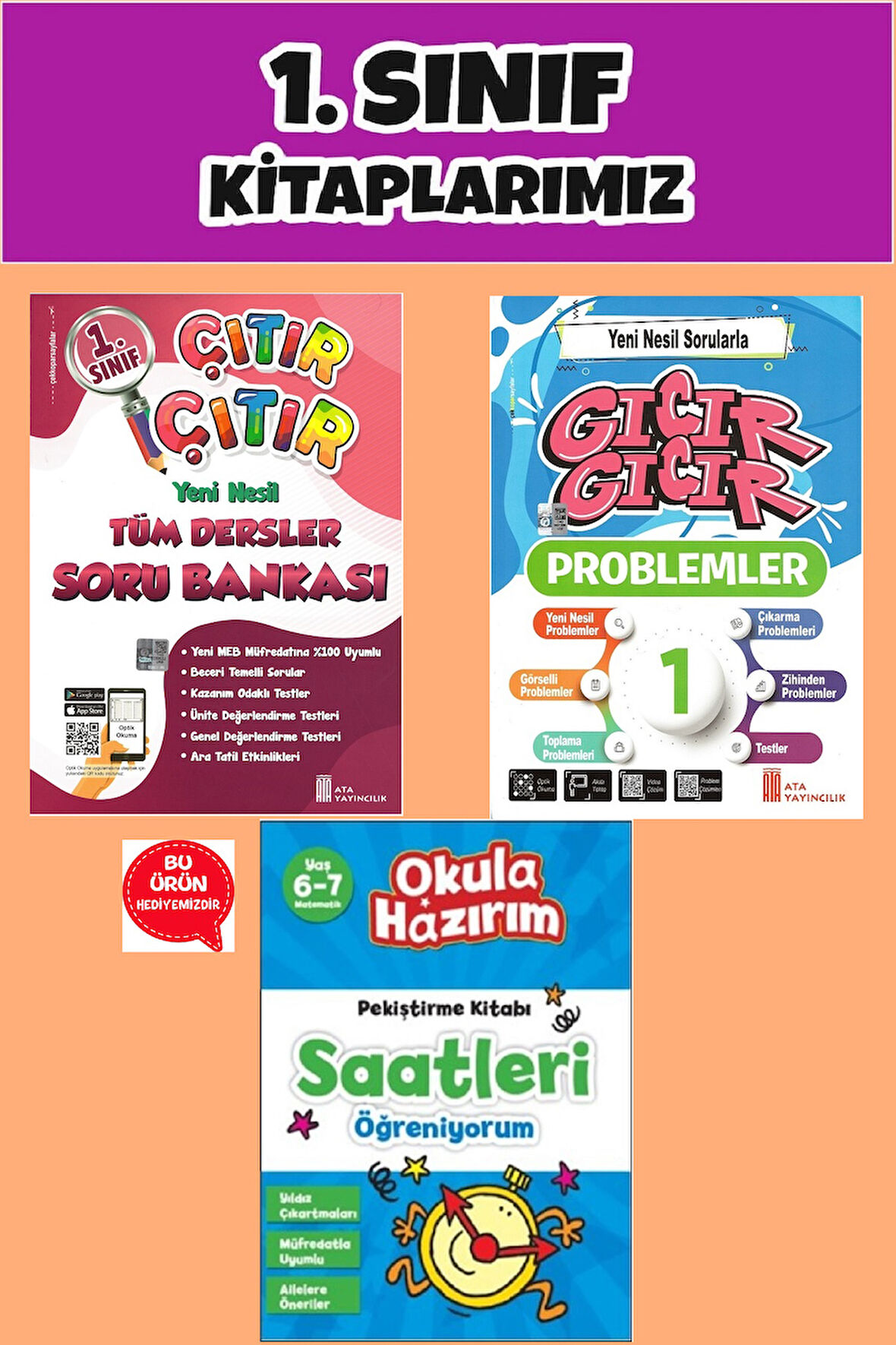 1.Sınıftan 2.Sınıfa Geçenler İçin Tekrar Seti(Çıtır Soru Bankası+Problemler+Saatleri Öğreniyorum)