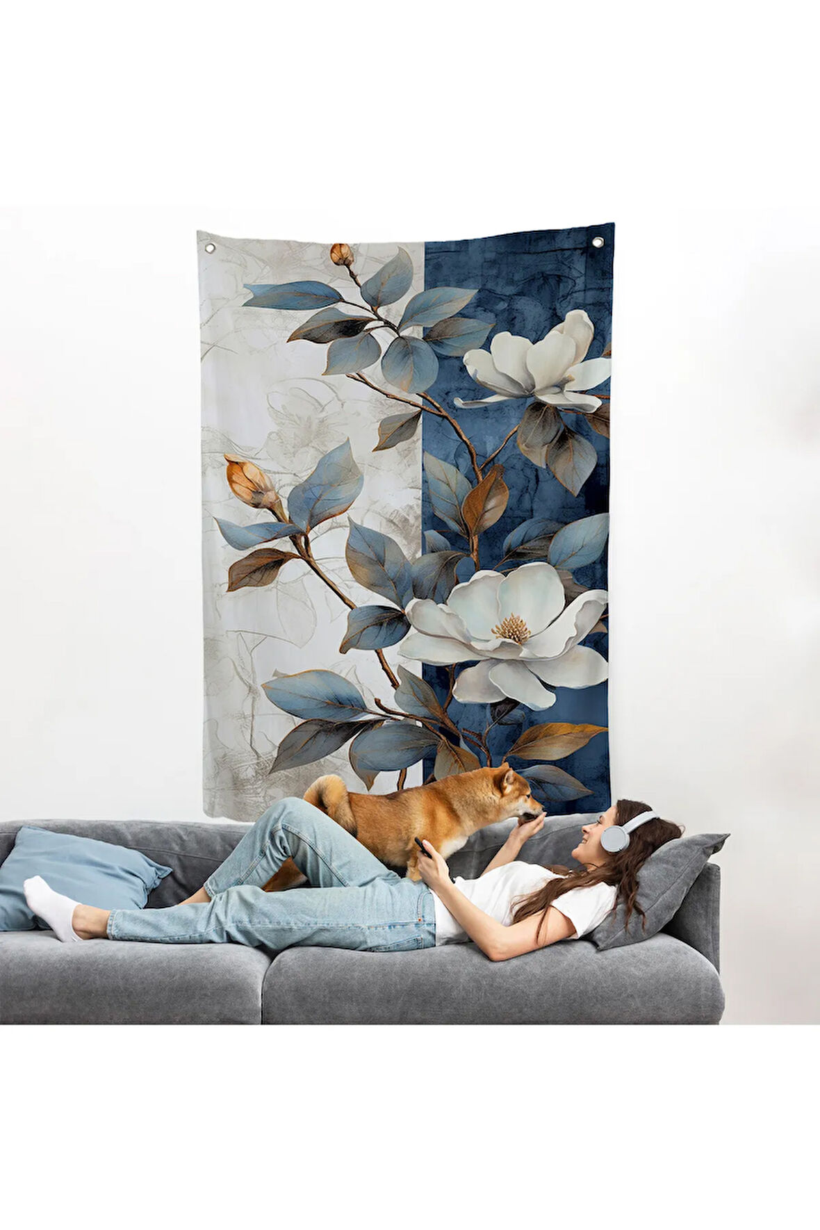 Mavi ve Beyaz Çiçekler Duvar Örtüsü-7886