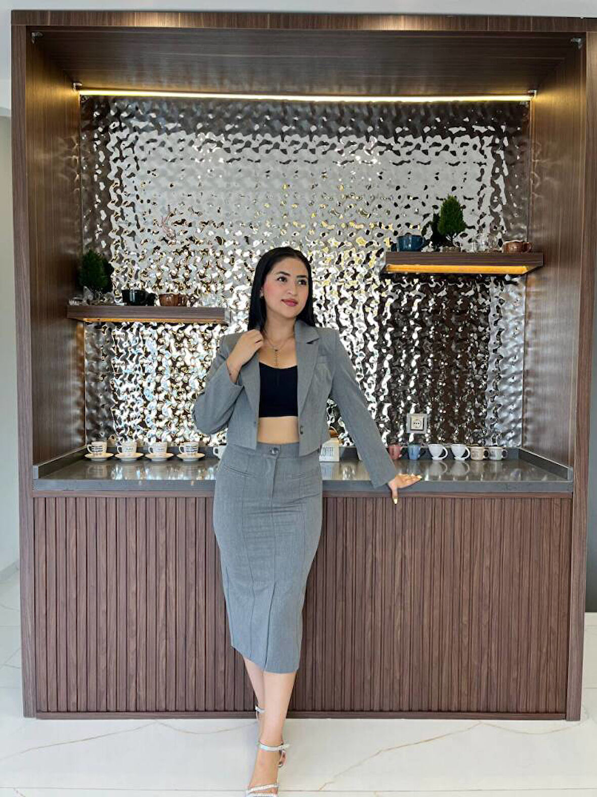 Crop Ceket Cep Detaylı Etek Takım  TKM 08008