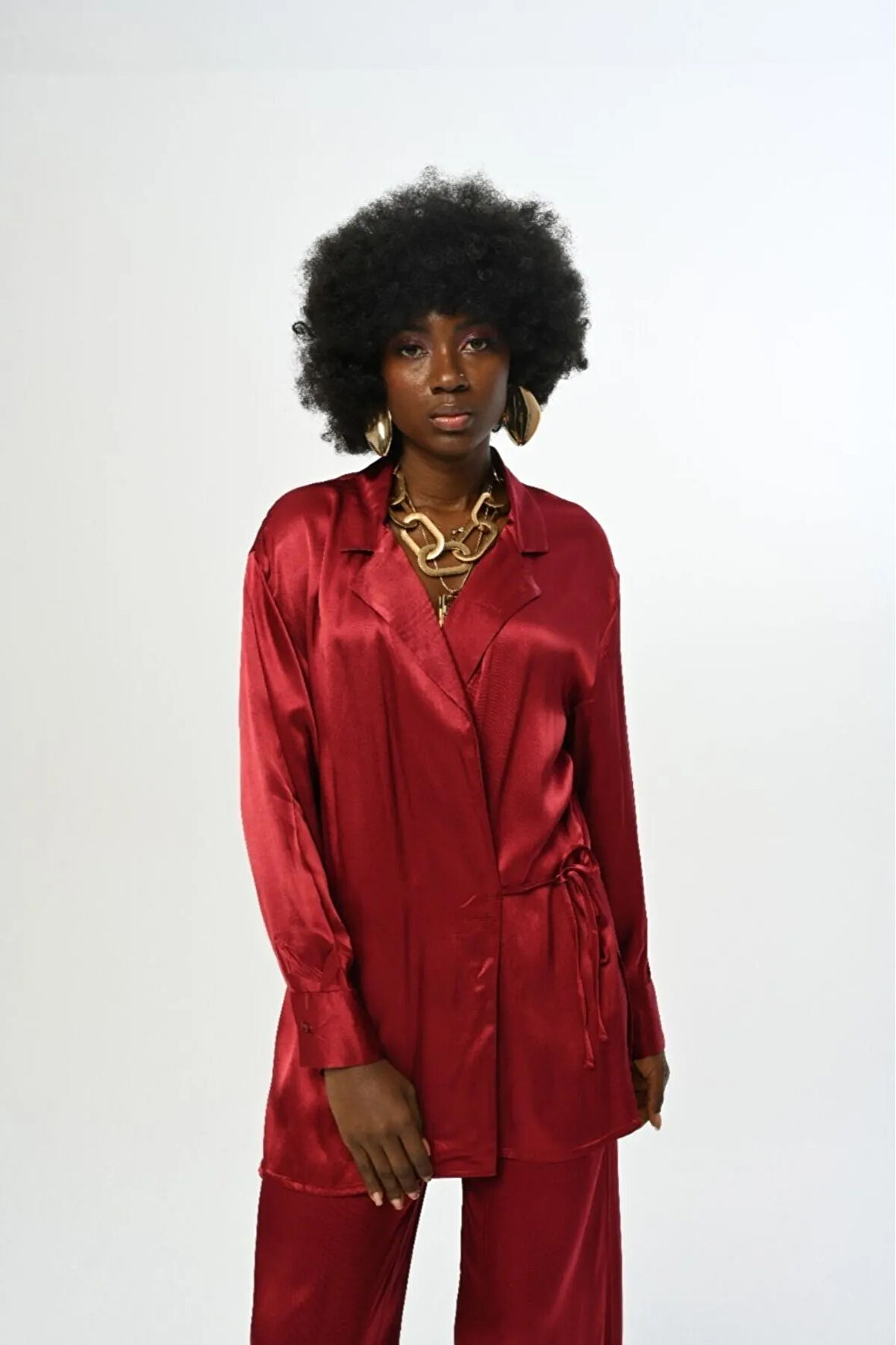 KADIN YANDAN BAĞLAMALI DÜZ RENK SATEN GÖMLEK