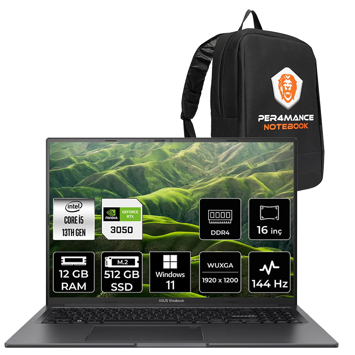 Asus VivoBook 16X i5 13420H 12GB 512GB SSD RTX3050/4GB 16" WUXGA 144Hz W11P Dizüstü Bilgisayar
