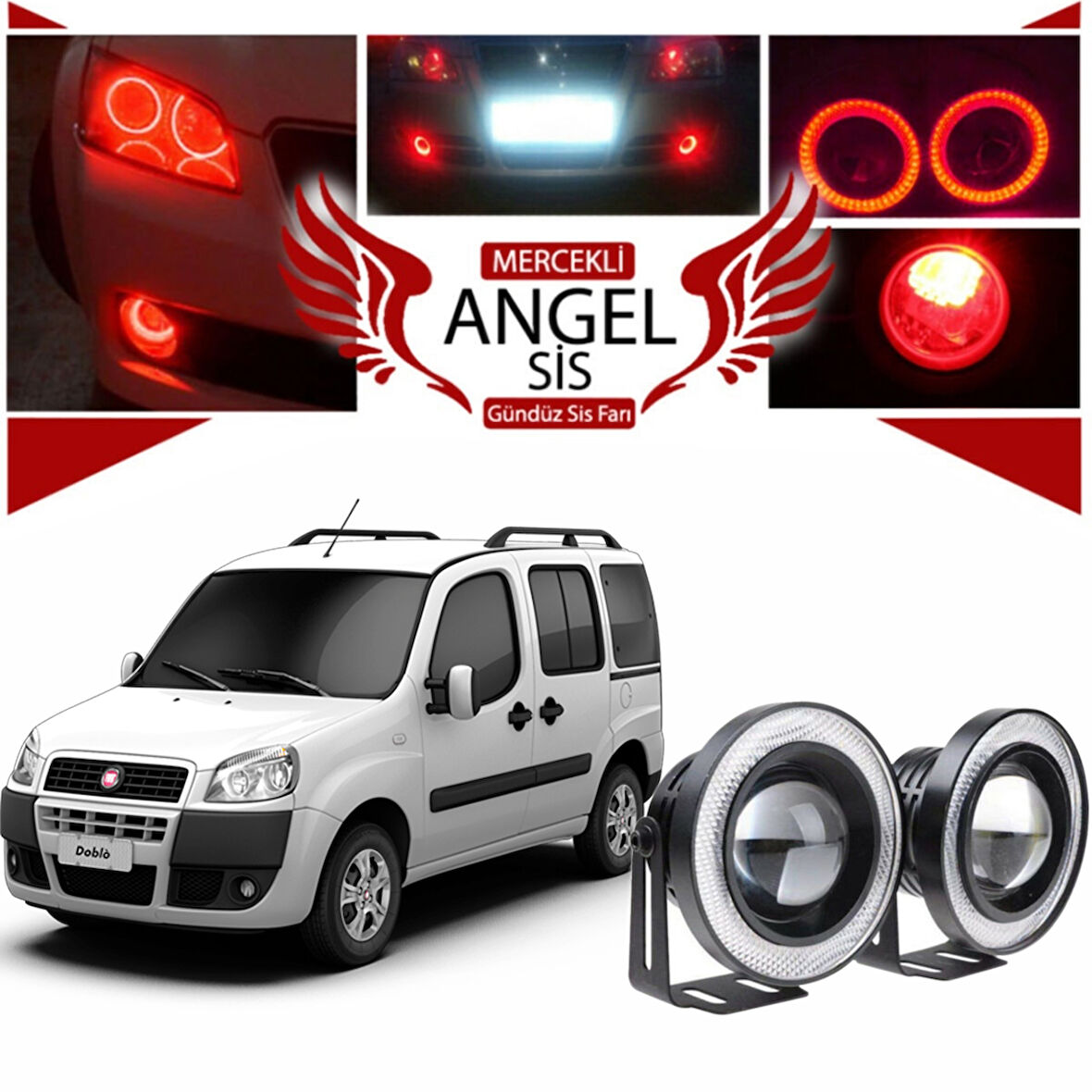 Fiat Doblo D1 Uyumlu, Universal Mercekli Led Angel Sis Farı, 76mm Kırmızı Renk