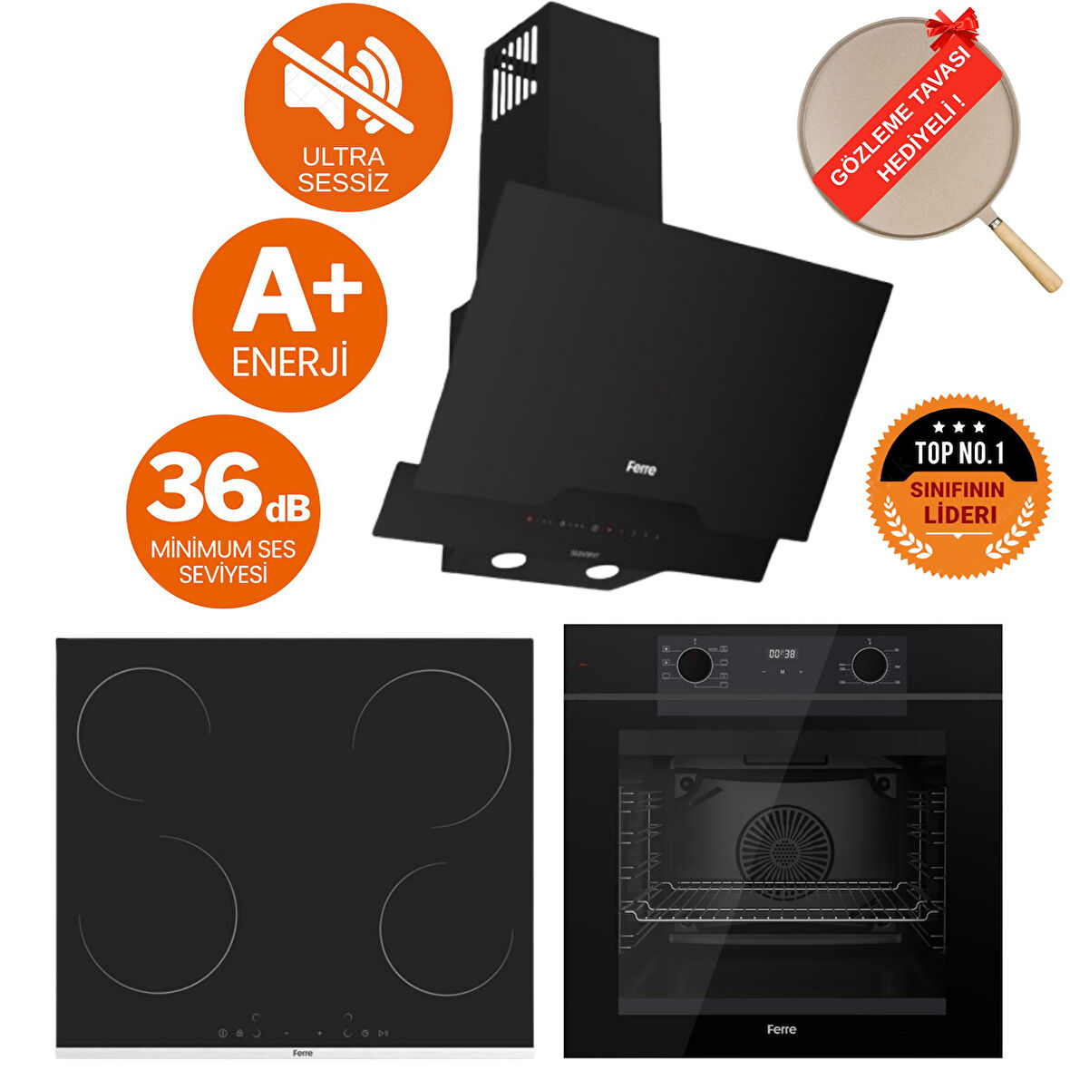 Ferre FryArt& FlowArt LenON Sessiz Davlumbaz Elektrikli Siyah Ank. Set (D063-SA + MS261 + QEP63CS)