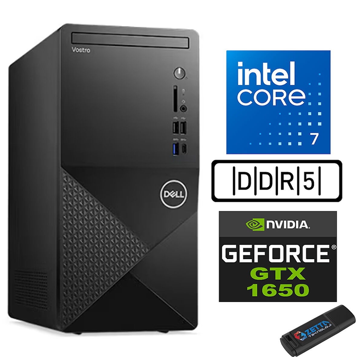 Dell Vostro 3030 mt Intel Core I7 12700 24GB Ddr5 512GB SSD Windows 11 Pro Nvidia Nvidia GTX1650-4GB Masaüstü Bilgisayar N3030I7GTX1650P12 + Zetta USB Bellek
