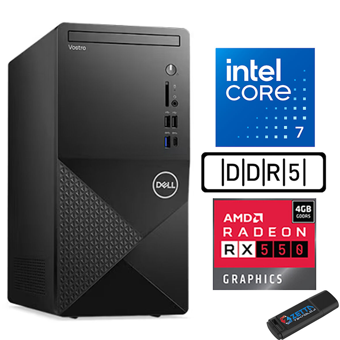 Dell Vostro 3030 mt Intel Core I7 12700 24GB Ddr5 256GB SSD Windows 11 Home Amd RX550-4GB Masaüstü Bilgisayar N3030I7RX550H11 + Zetta USB Bellek