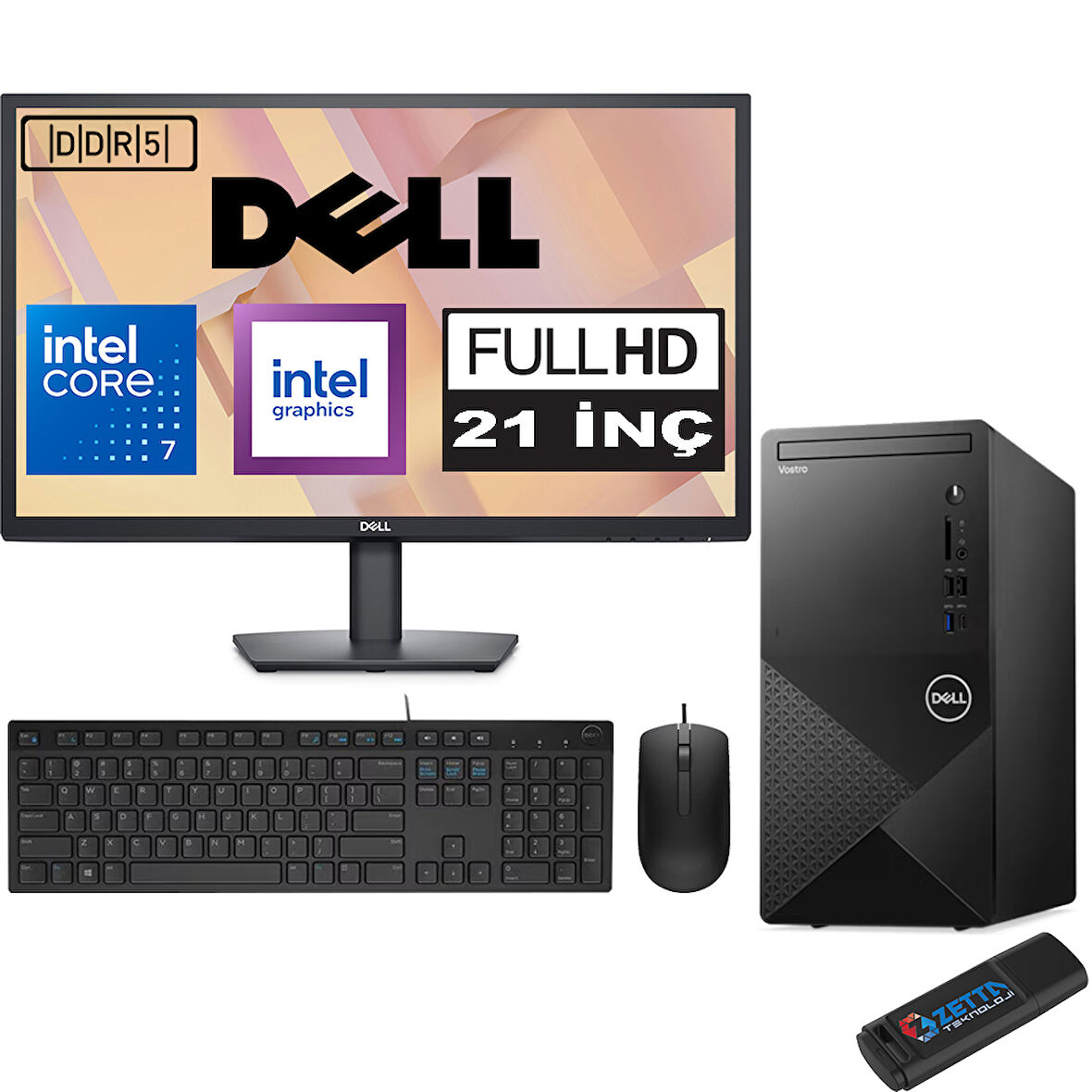 Dell Vostro 3030 mt Intel Core I7 12700 24GB Ddr5 512GB SSD 21.5" Fhd Windows 11 Pro Intel® UHD Graphics 730 Masaüstü Bilgisayar 21N3030I7EMEAP12 + Zetta USB Bellek