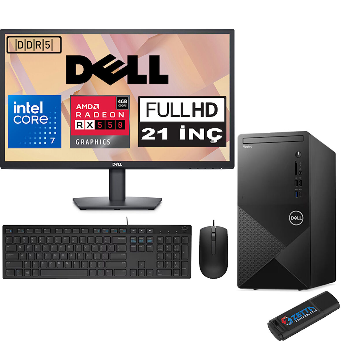 Dell Vostro 3030 mt Intel Core I7 12700 24GB Ddr5 256GB SSD 21.5" Fhd Windows 11 Home Amd RX550-4GB Masaüstü Bilgisayar 21N3030I7RX550H11 + Zetta USB Bellek