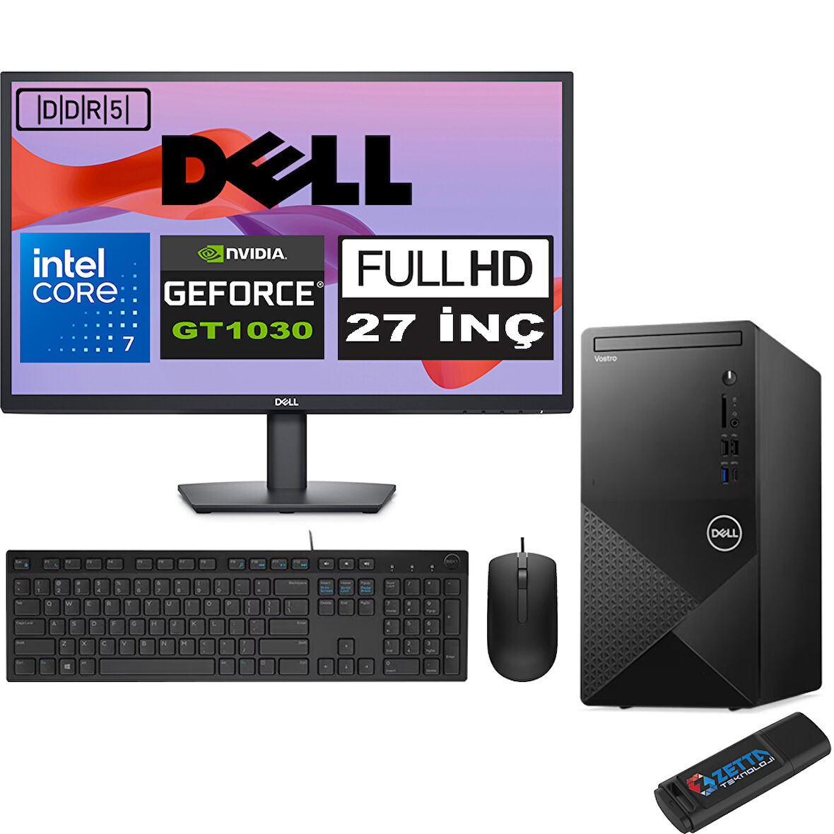 Dell Vostro 3030 mt Intel Core I7 12700 24GB Ddr5 256GB SSD 27" Fhd Windows 11 Pro Nvidia GT1030-4GB Masaüstü Bilgisayar 27N3030I7GT1030P11 + Zetta USB Bellek