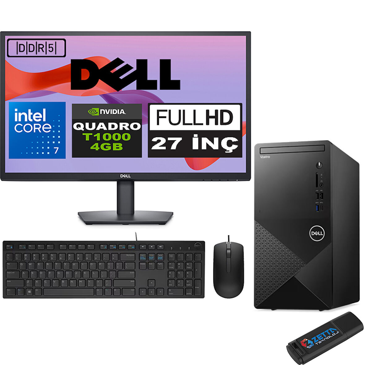 Dell Vostro 3030 mt Intel Core I7 12700 64GB Ddr5 4tb SSD 27" Fhd Windows 11 Home Quadro T1000-4GB Masaüstü Bilgisayar 27N3030I7T1000H30 + Zetta USB Bellek