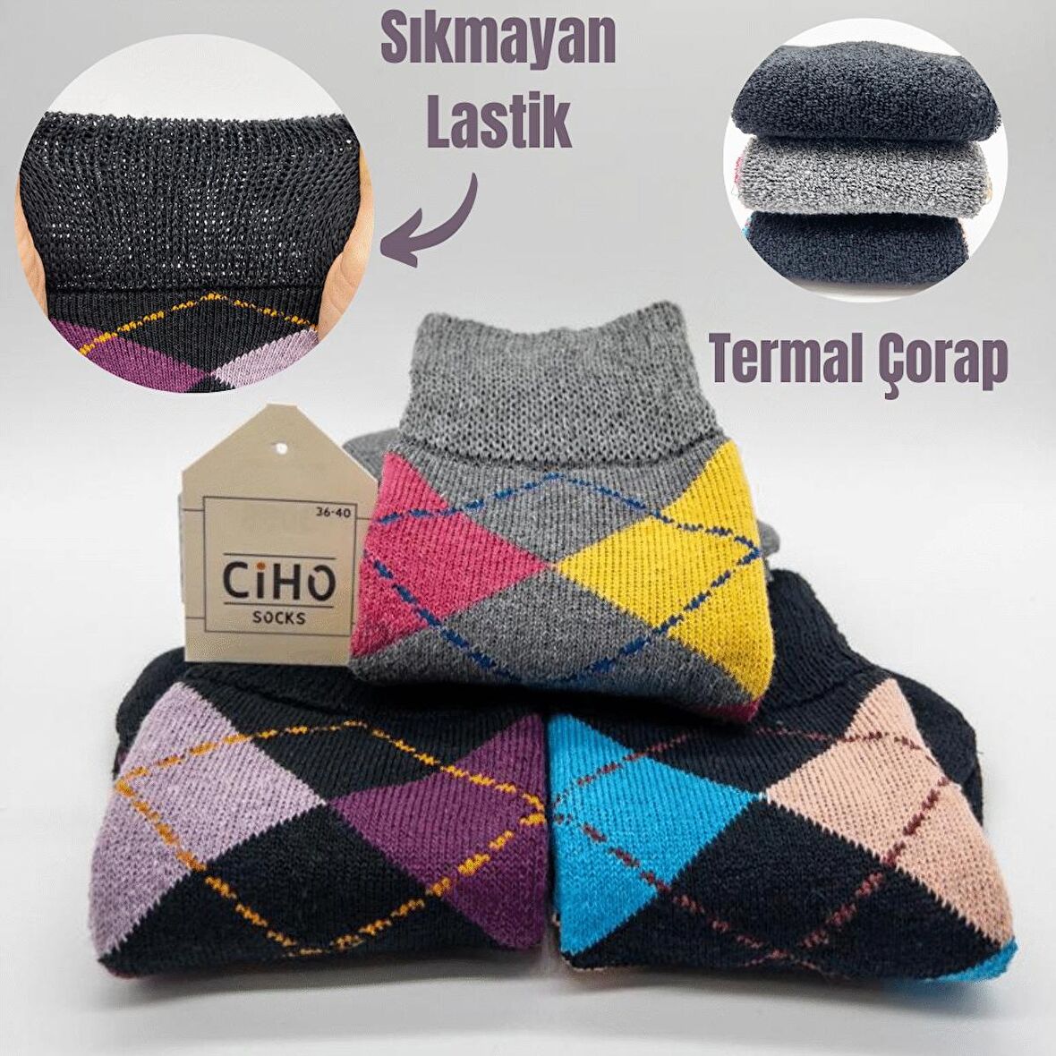 CİHO SOCKS Premium Termal 6 Çift Kadın Ekose Desen Sıkmayan Lastikli Kışlık Çorap