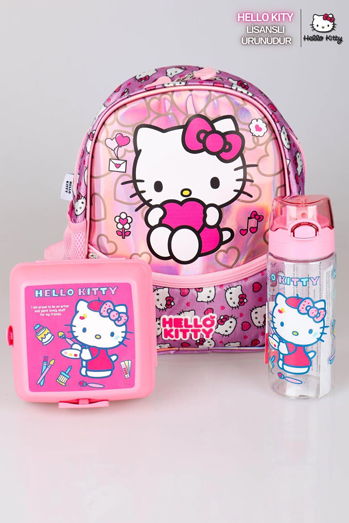 YENİ SEZON LİSANSLI HELLO KITTY'NIN PIRILTILI DÜNYASI ÖZEL KOLEKSİYON ANAOKUL ÇANTASI ,BESLENME KABI VE TRITAN MATARA SETİ