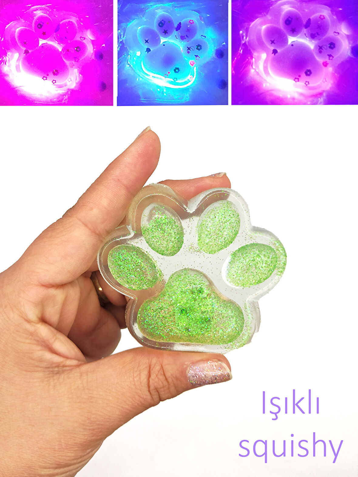 Işıklı Simli Şeffaf Pati Squishy Taba Sukuşi Yumuşacık 6 cm Pati Sukuşi - Yeşil