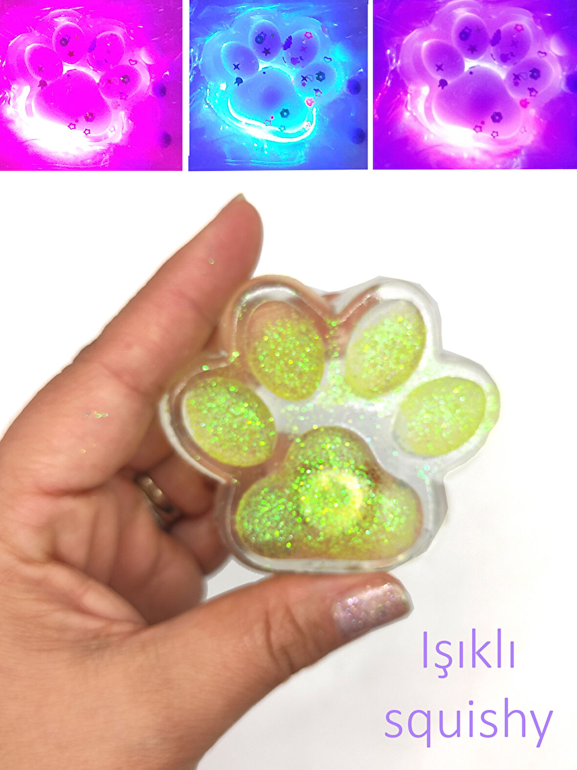 Işıklı Simli Şeffaf Pati Squishy Taba Sukuşi Yumuşacık 6 cm Pati Sukuşi - Sarı
