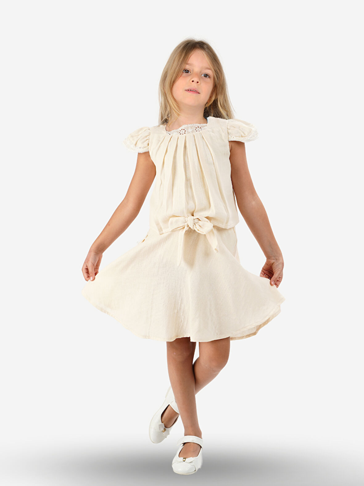 Bej Muslin Dantelli Kız Çocuk Tunik + Etekli Takım