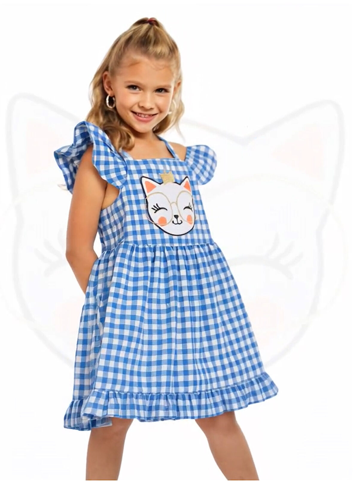 Mavi Ekoseli Fırfırlı Elbise