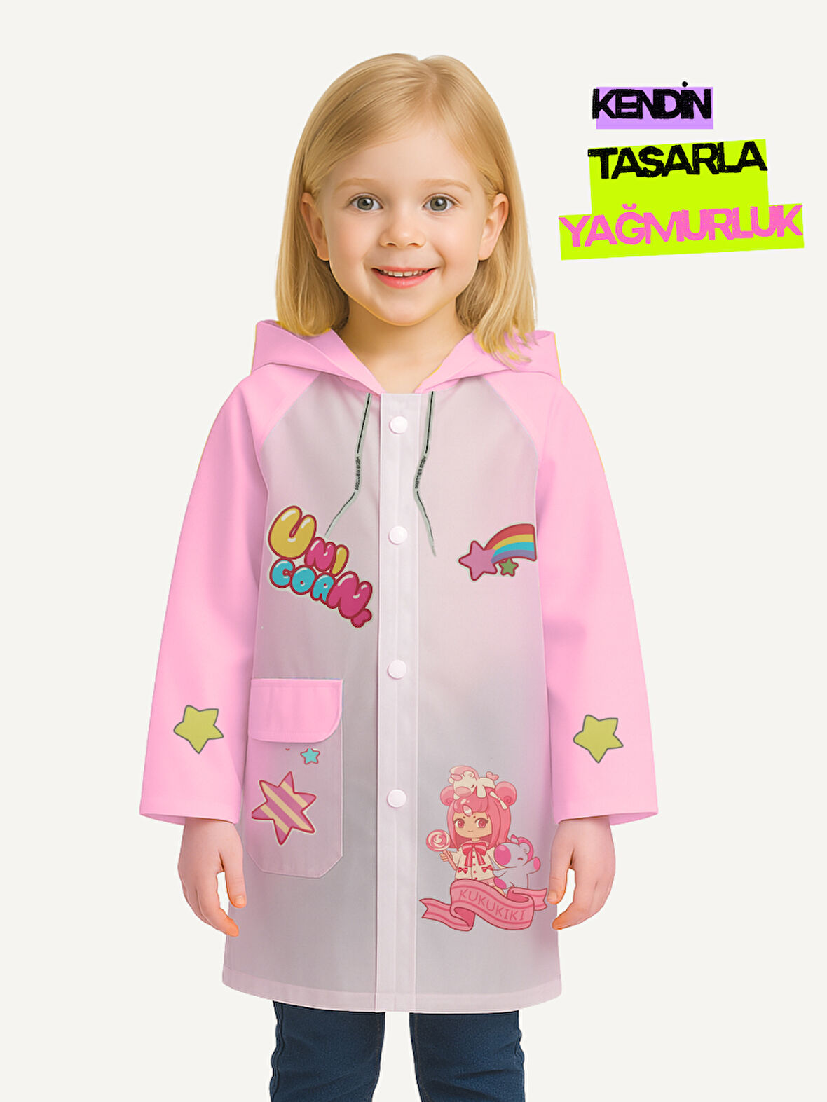 Pembe Kendin Tasarla Kız Çocuk Yağmurluk