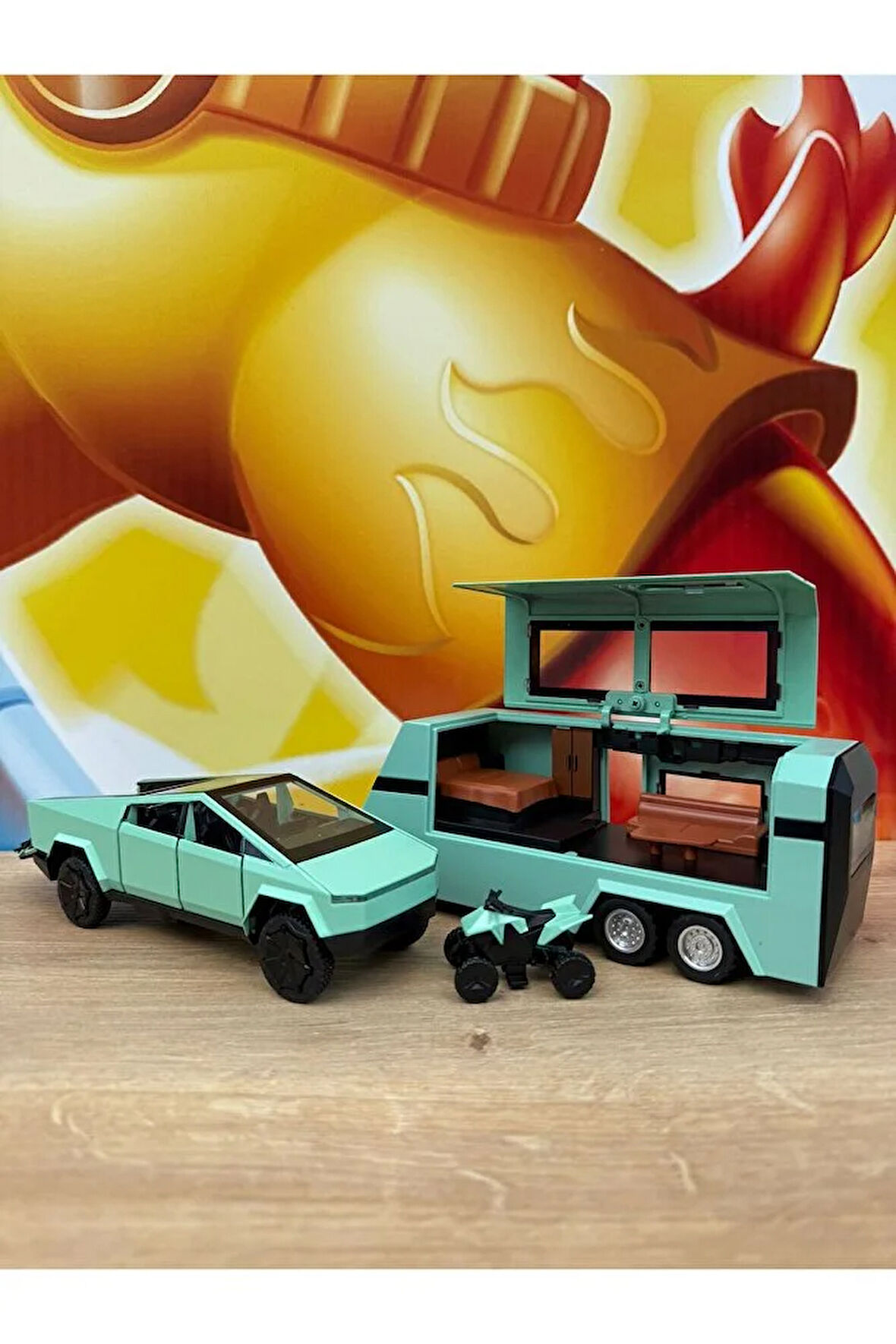 Diecast Metal Tesla Cybertruck Pickup ve Karavan Sesli Işıklı Açılan Kapılar Tesla Diecast Araba