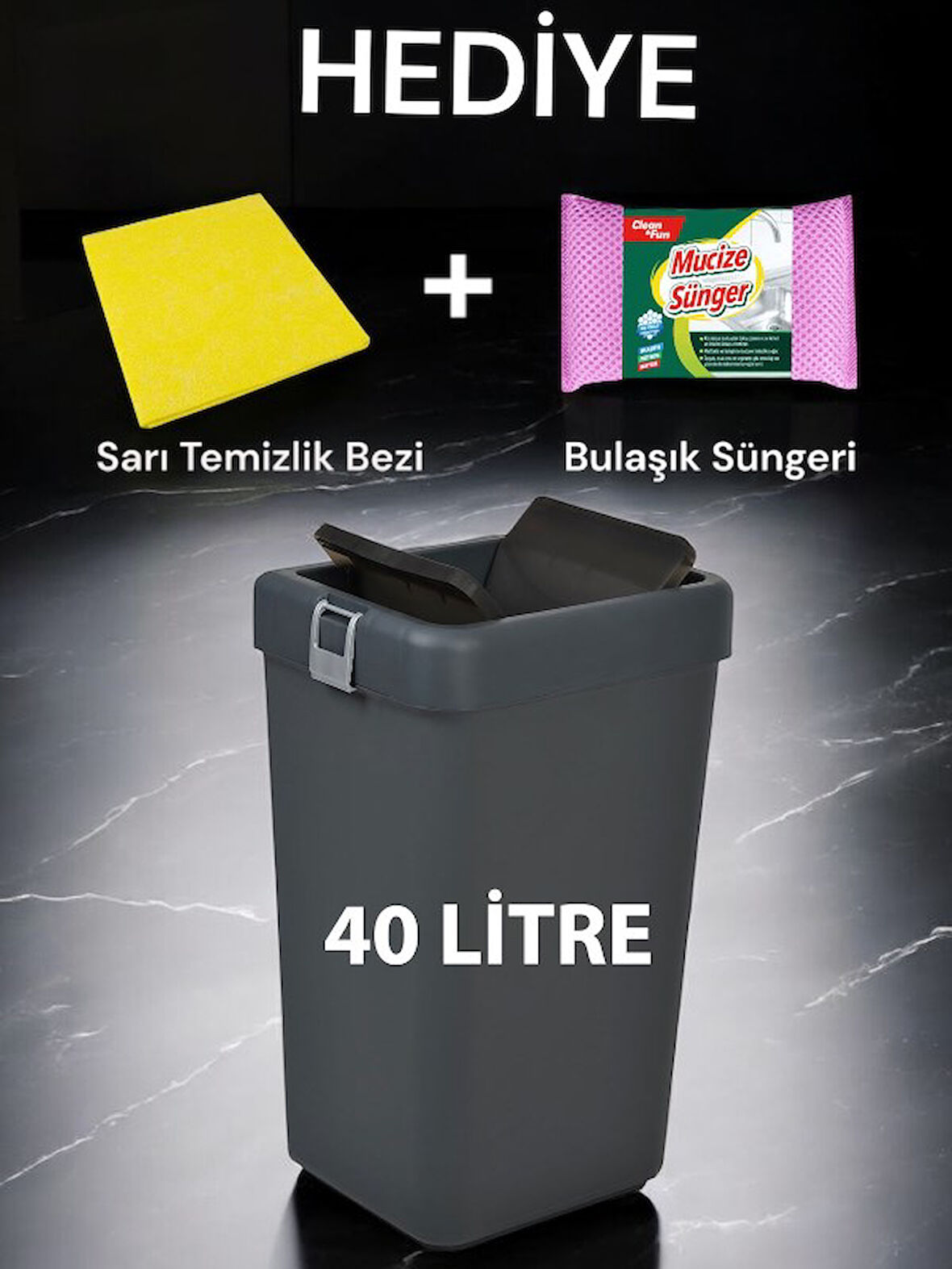 Technow Motek COB-412B 40 Litre Kilitli Hassas Kapaklı Çöp Kutusu Kovası + Temizlik Seti