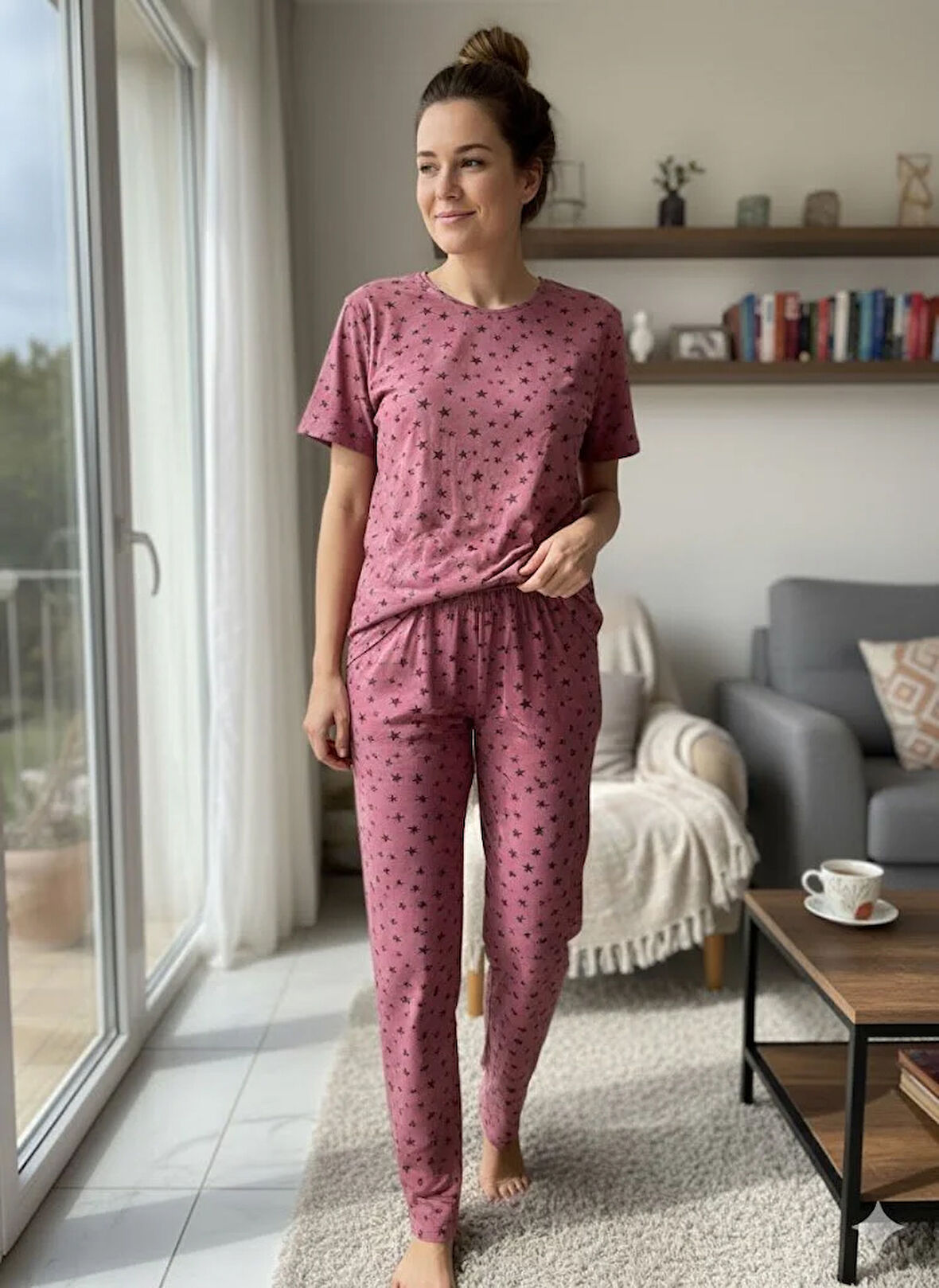 KADIN YILDIZ DETAYLI PEMBE PİJAMA TAKIMI