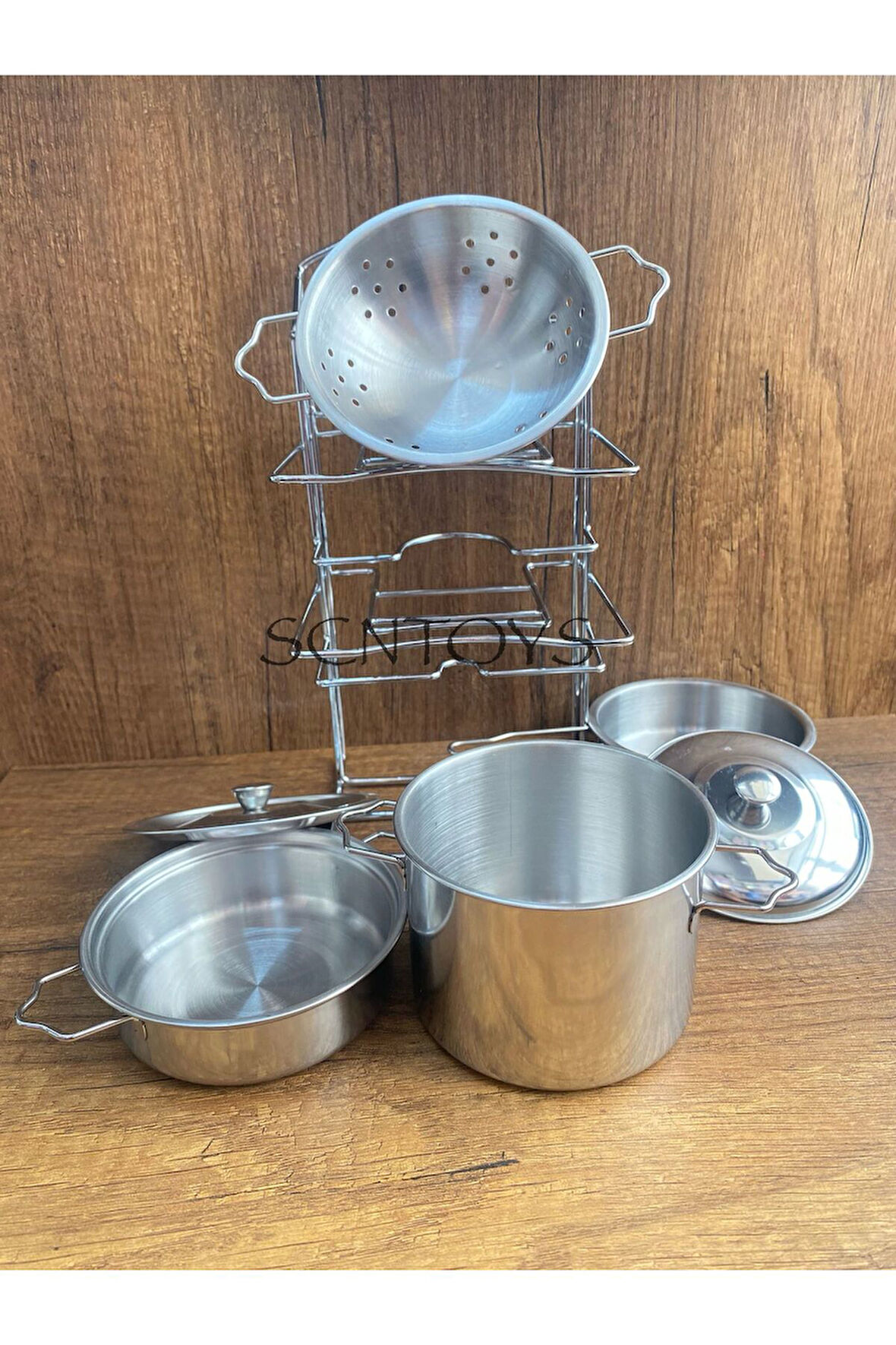 Oyuncak 7 Parça Raflı Tencere Tava Seti Metal Evcilik Mutfak Tencere Tava Seti Paslanmaz Çelik