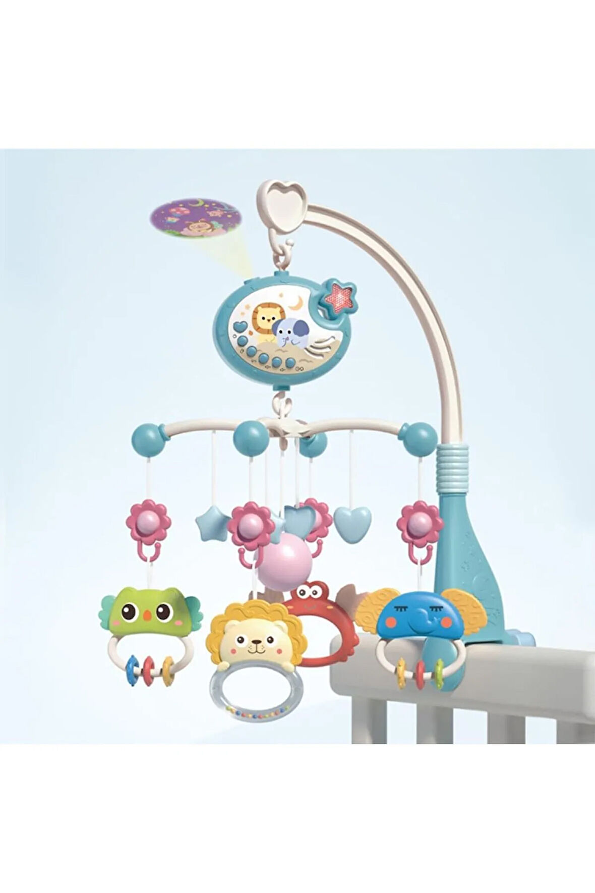 Pilli Işıklı Müzikli Projektörlü Kumandalı Sabitlemeli Dönence Çıngıraklı Dişlikli Bebek Yatıştırıcı