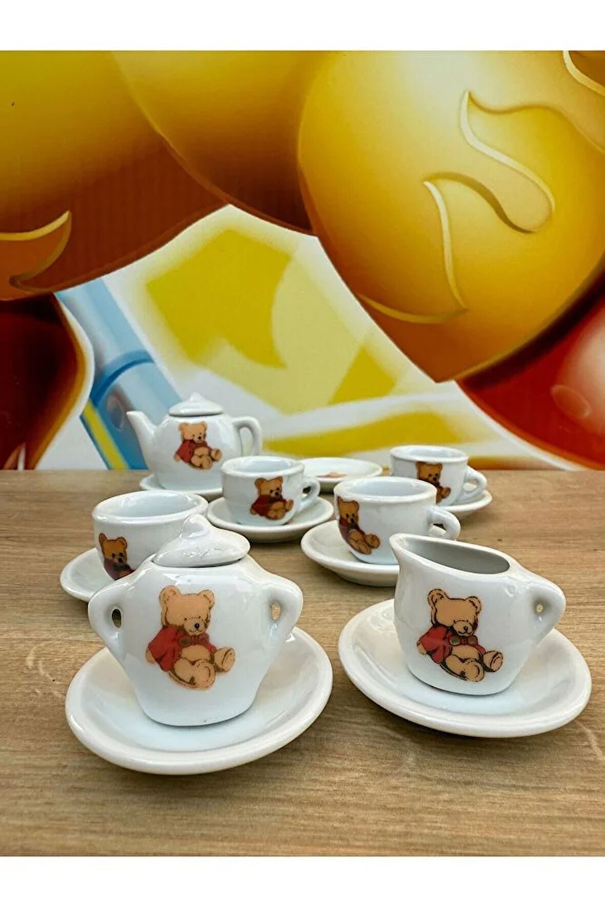 Seramik Çay Seti 17 Parça Oyuncak Porselen Çay Seti Ayıcıklı Evcilik Oyuncakları