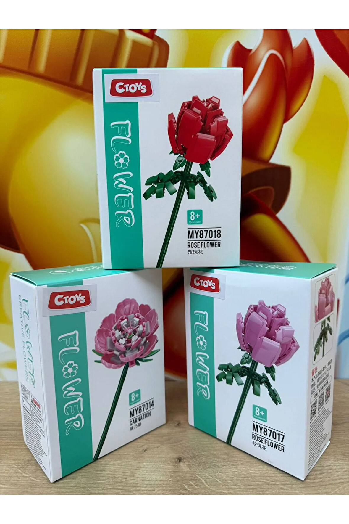 Dekoratif Çiçek Buketi Gül Karanfil Kırmızı Gül 300 Parça Çiçek Yapı Oyuncakları 3 ÇİÇEK BİRDEN