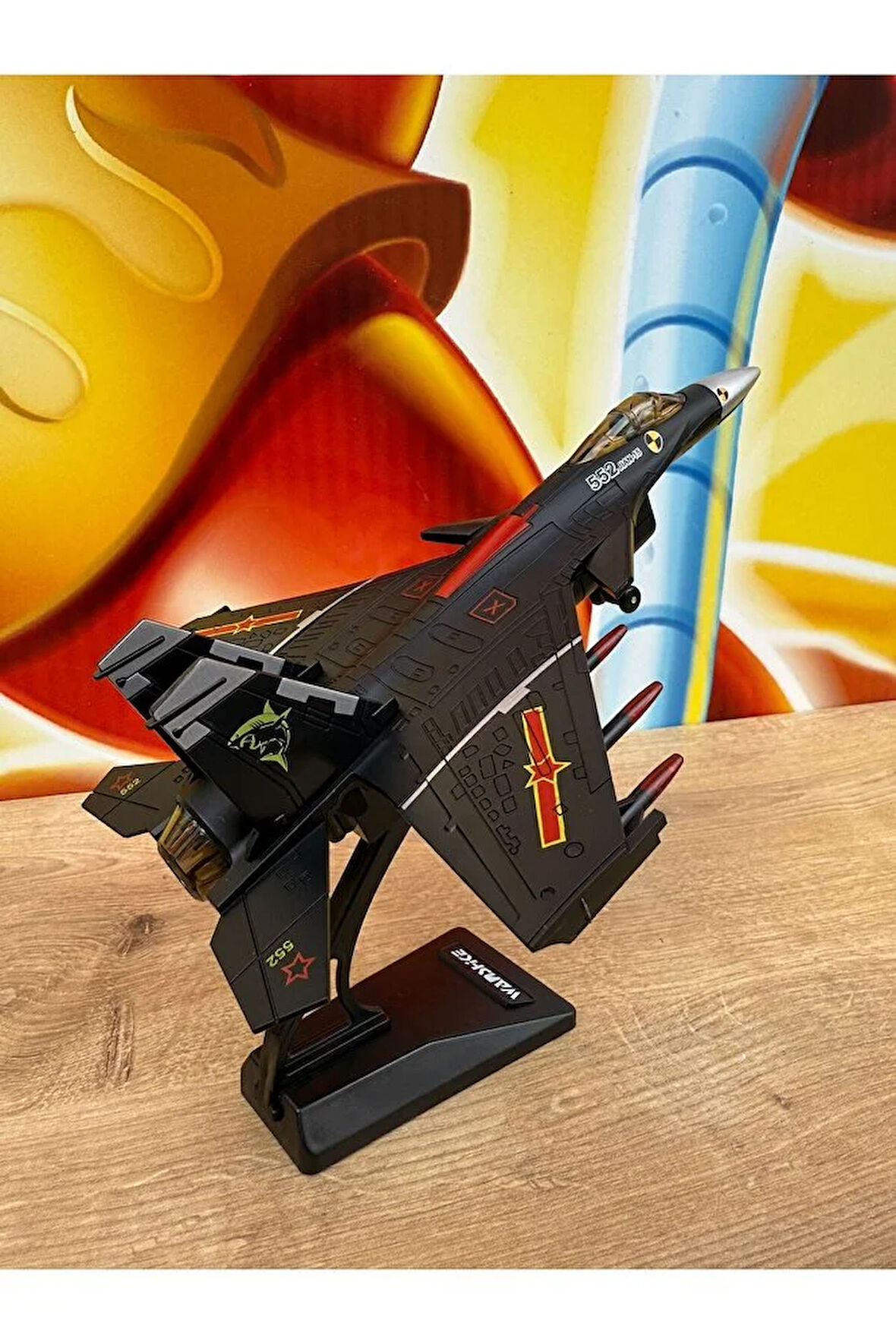 F16 Savaş Uçağı Jarjlı Sesli Işıklı Çekbırak (Buhar Atar) Diecast F16 Uçak Siyah Standlı