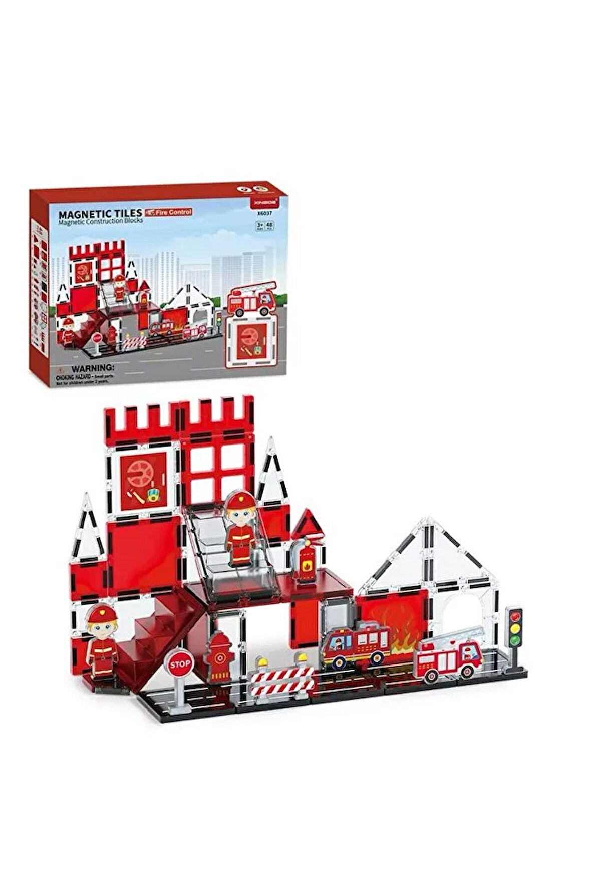 Manyetik Yapı Blokları 48 Parça Çocuklar İçin Eğitici Oyuncak İtfaiye Seti Eğitici Manyetik Karo Set