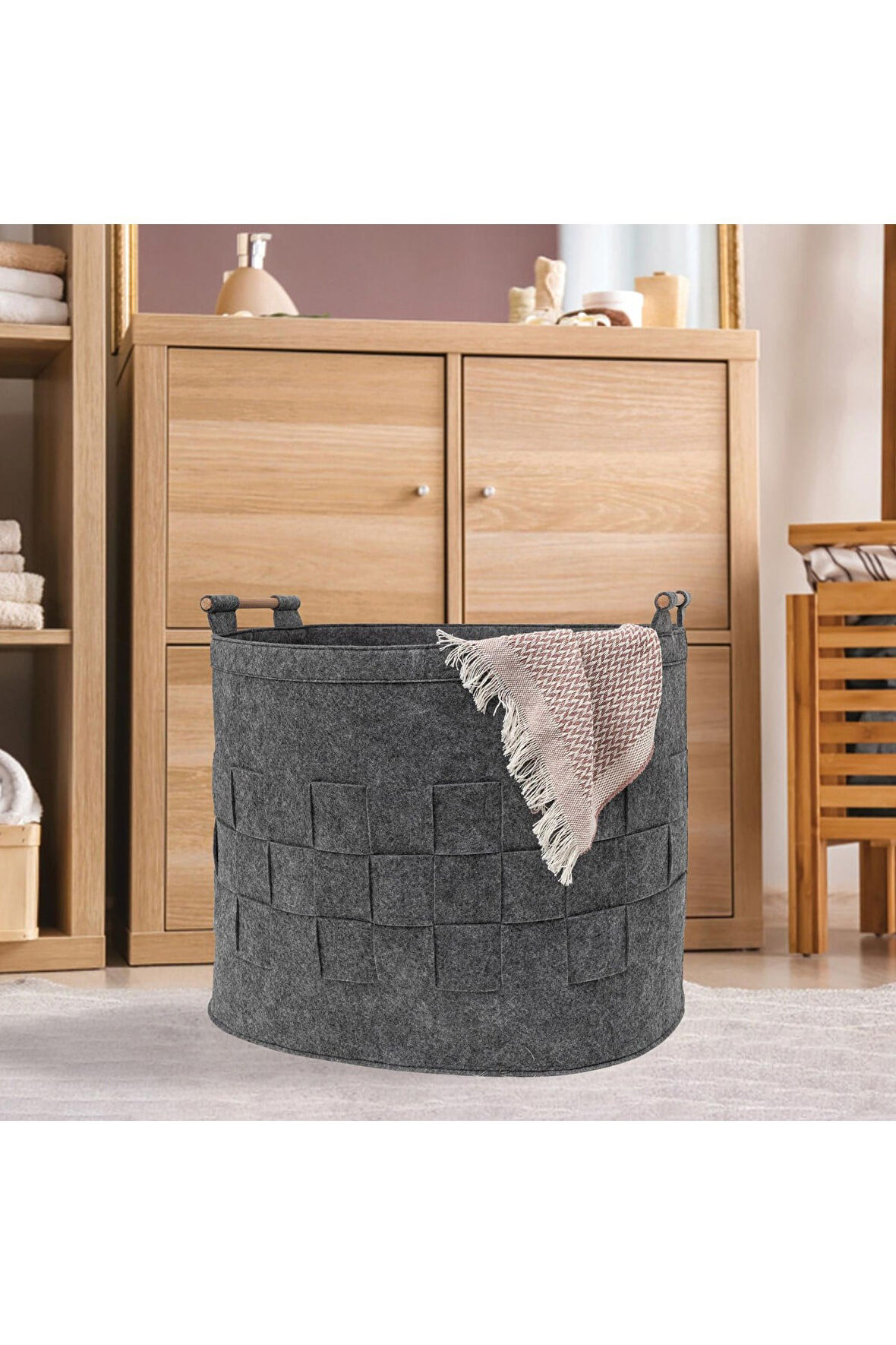 Çok Amaçlı Organizer, Keçe Felted Örgülü Kırlı Çamaşır Sepeti, Oyuncak Sepeti Gri 105383 - KASA 290