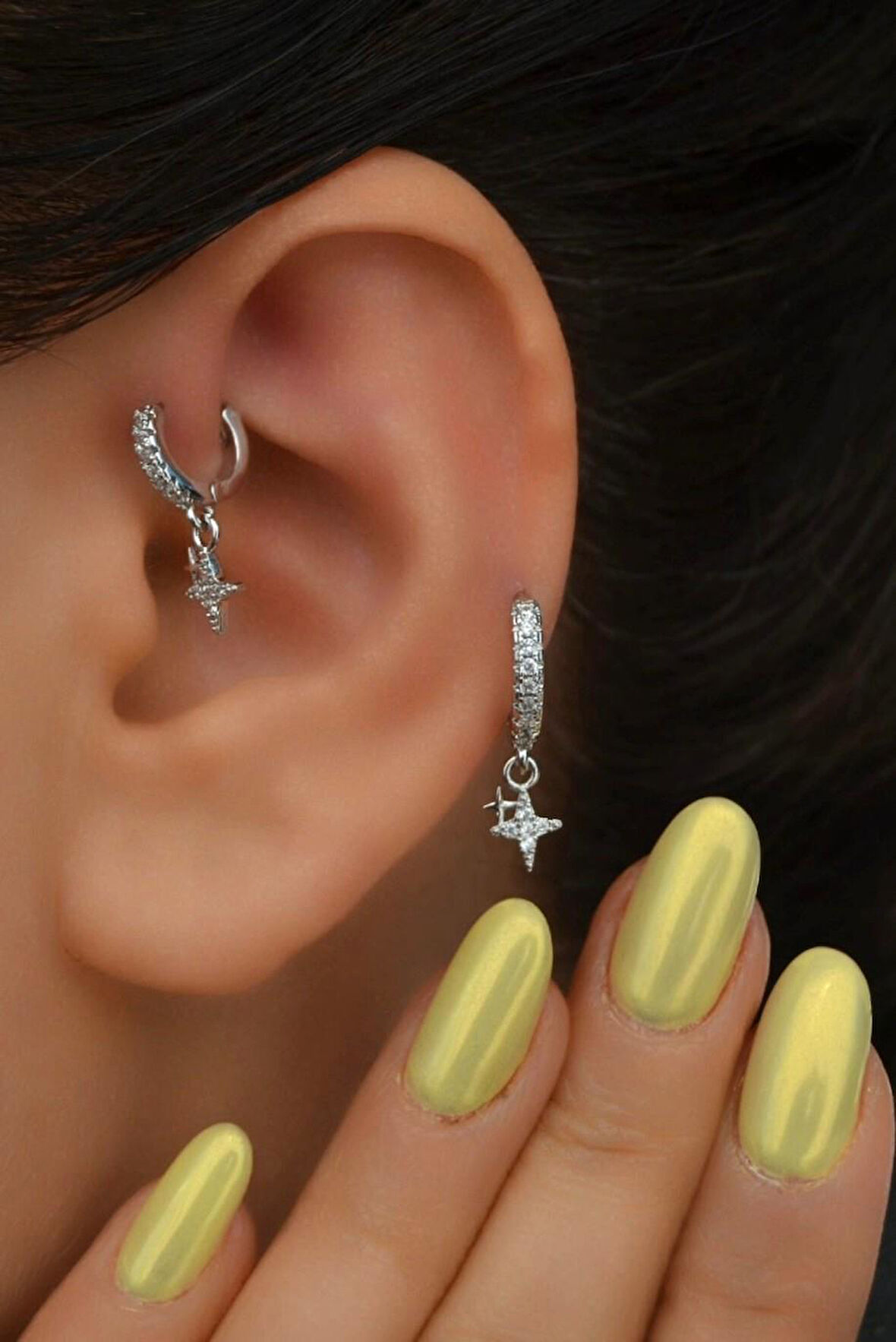 2 Adet Zirkon Kutup Yıldızlı Halka Piercing Tragus Helix Forward Kıkırdak Lob Daith (1 Adet 6 mm 1 Adet 8 mm)
