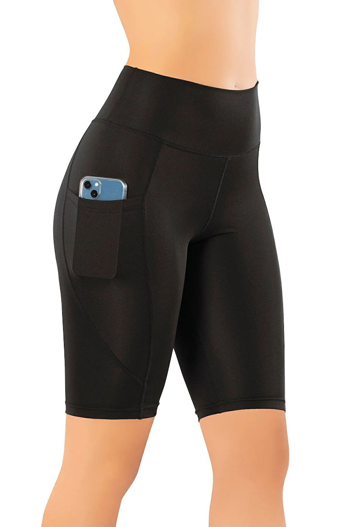 Kadın Siyah Yüksek Bel Cepli Dalgıç Kumaş Diz Üstü Tayt 4114