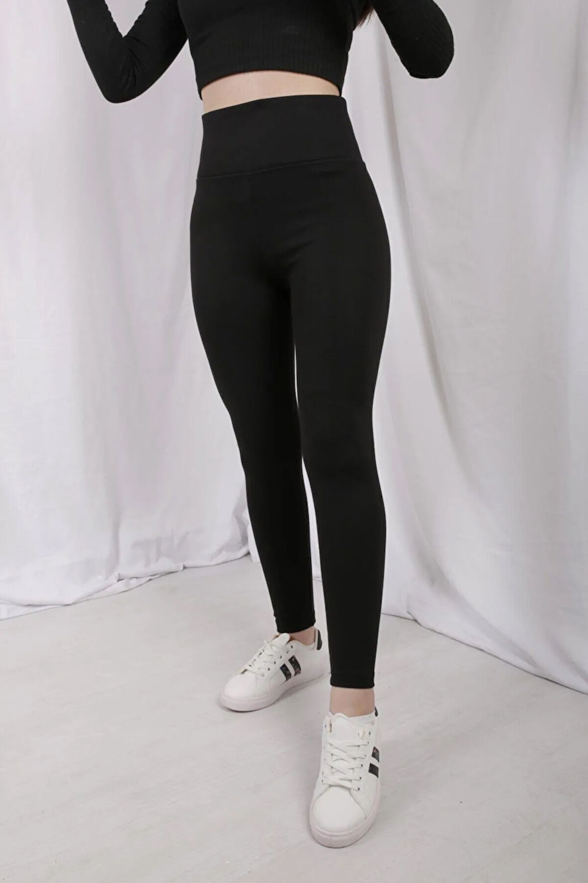 Kadın Siyah Geniş Kemer Çelik Örme Tayt