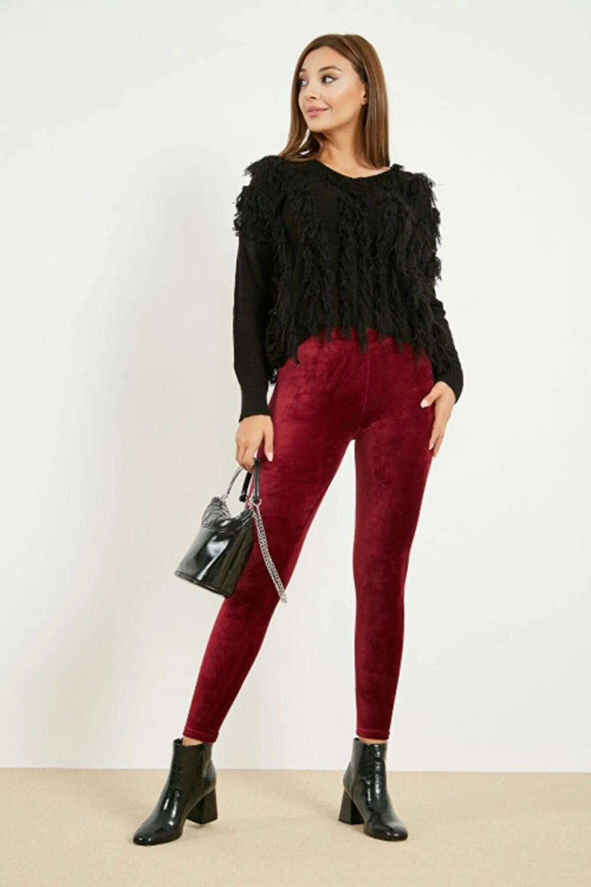 Kadın Bordo Kadife Kışlık Likralı Tayt