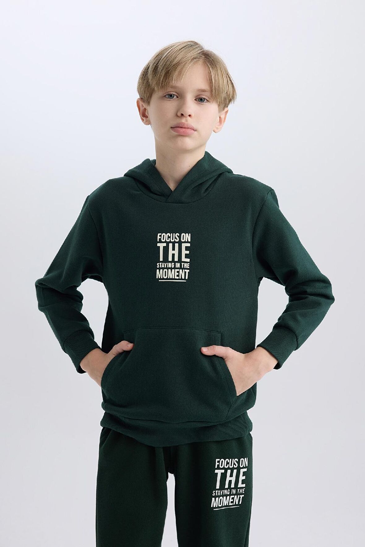 DeFacto Erkek Çocuk Cepli Yazı Baskılı Kapüşonlu Kalın Okul Sweatshirt C7567A824WNGN1214