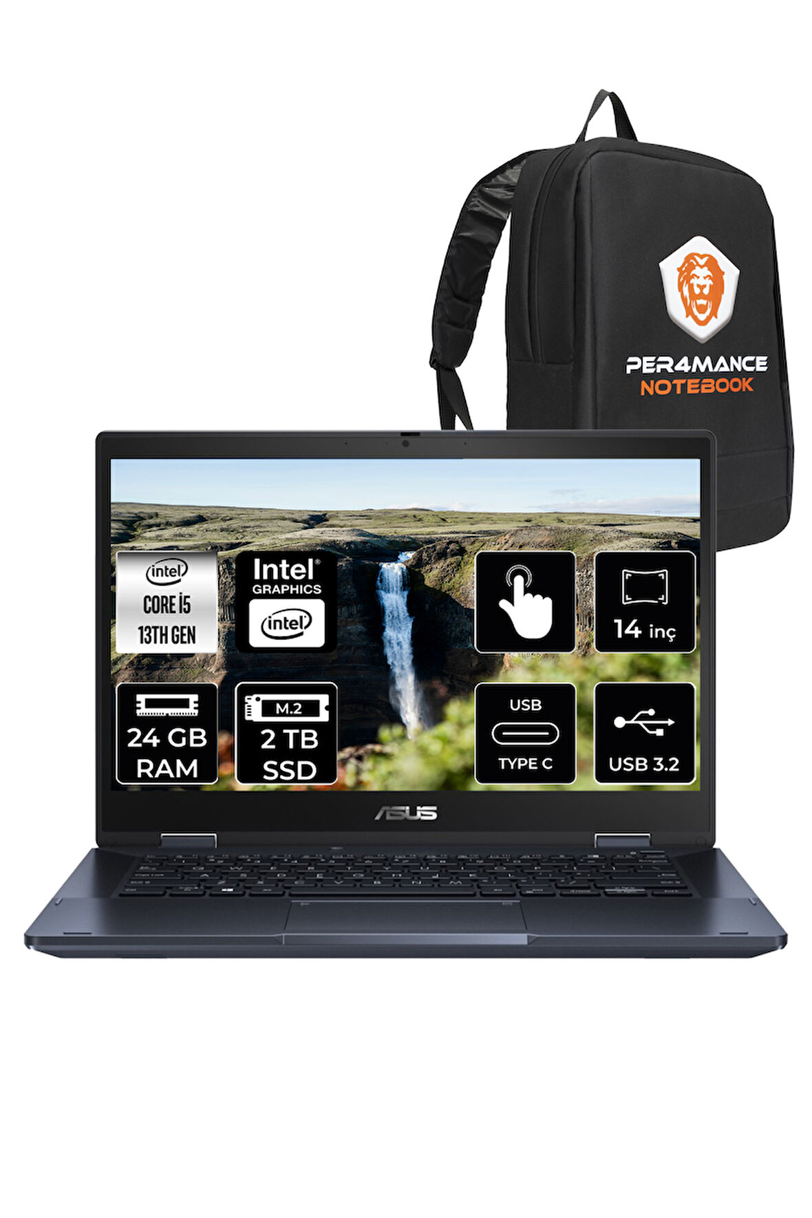ASUS Expertbook B3 Flip i5 1335U 24GB RAM 2TB SSD 14" FHD FDOS Dokunmatik Bilgisayar & PER4 ÇANTA