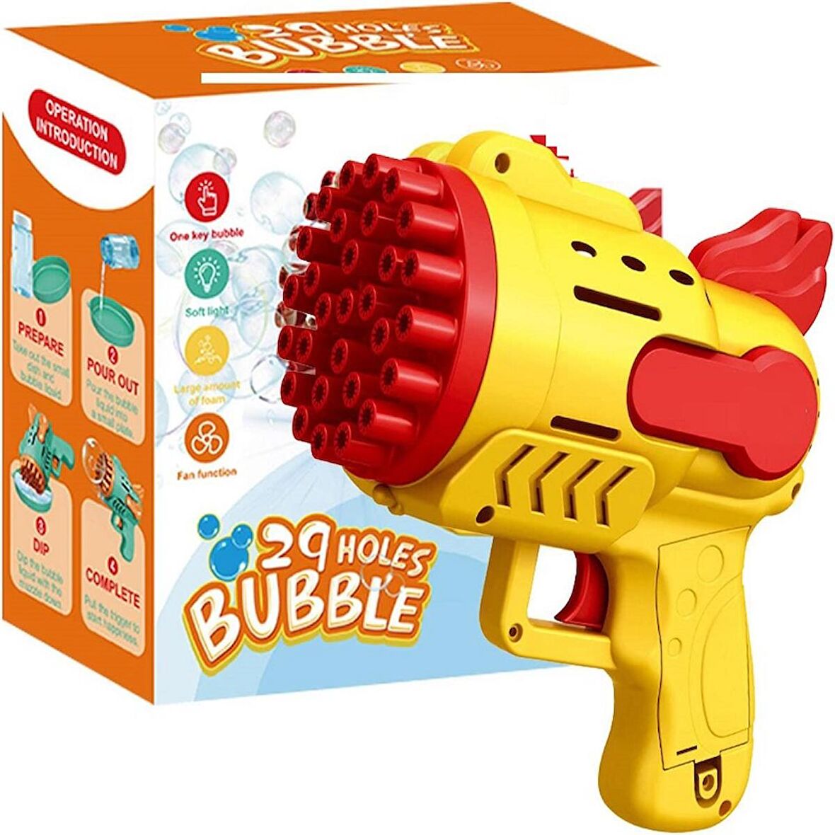LED LİGHT 29 HOLES BUBBLES GUN 29 DELİKLİ ÇOKLU KÖPÜK ATAN TABANCA SARI KÖPÜK TABANCASI PİLLİ TABANCA