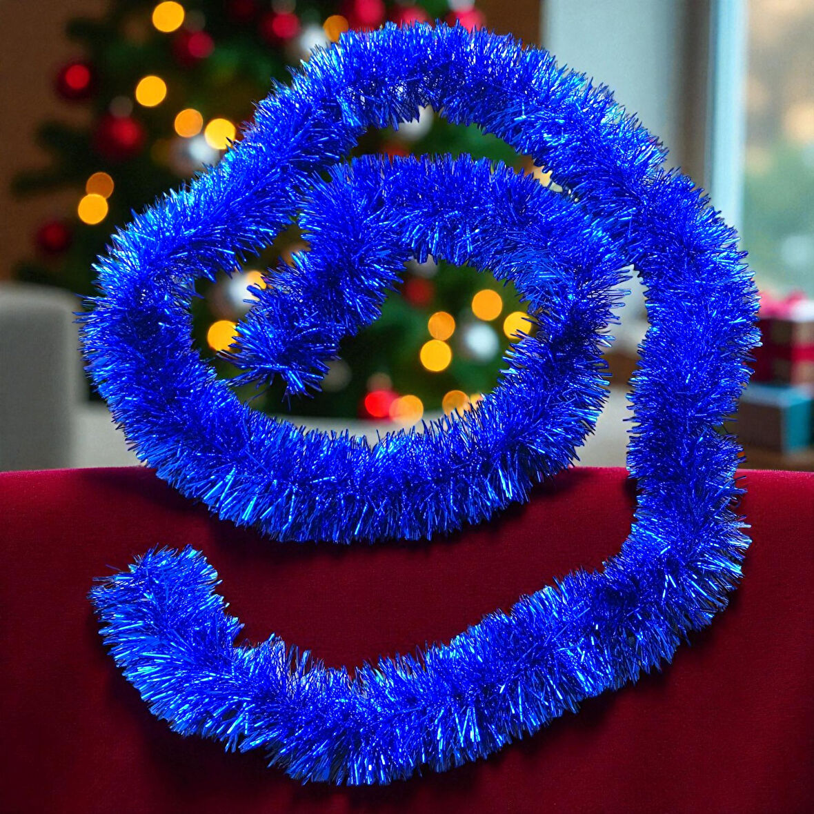 2 METRE PARLAK METALİK MAVİ YILBAŞI BOYUN SİMİ MAVİ YUMUŞAK BOYUN GARLANDI DEKOR MAVİ SÜSLEME SİMİ