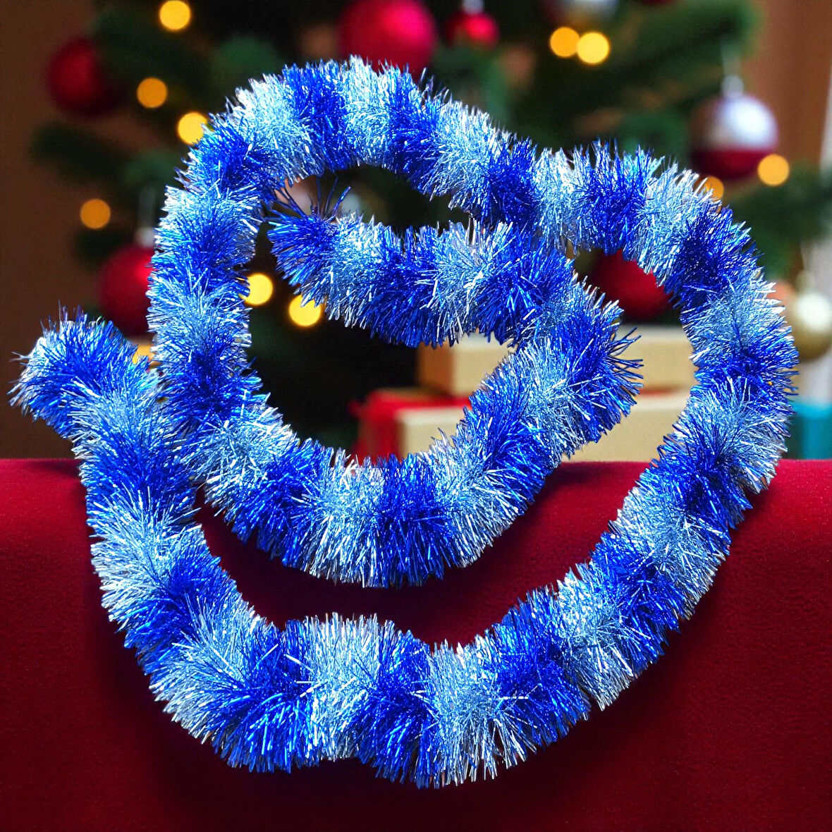 2 METRE METALİK MAVİ GÜMÜŞ YILBAŞI BOYUN SİMİ MAVİ GÜMÜŞ YUMUŞAK BOYUN GARLANDI MAVİ SÜSLEME SİMİ