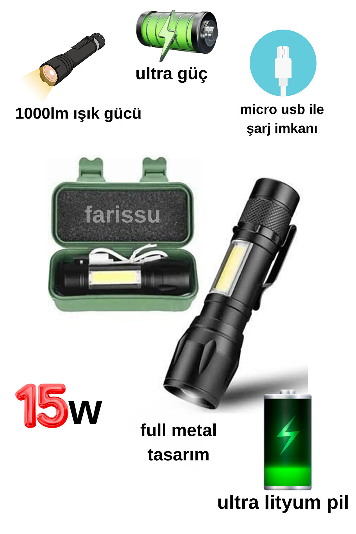 15w 1000lm mini zomlu flaşörlü ful metal suya karşı dayanıklı el feneri