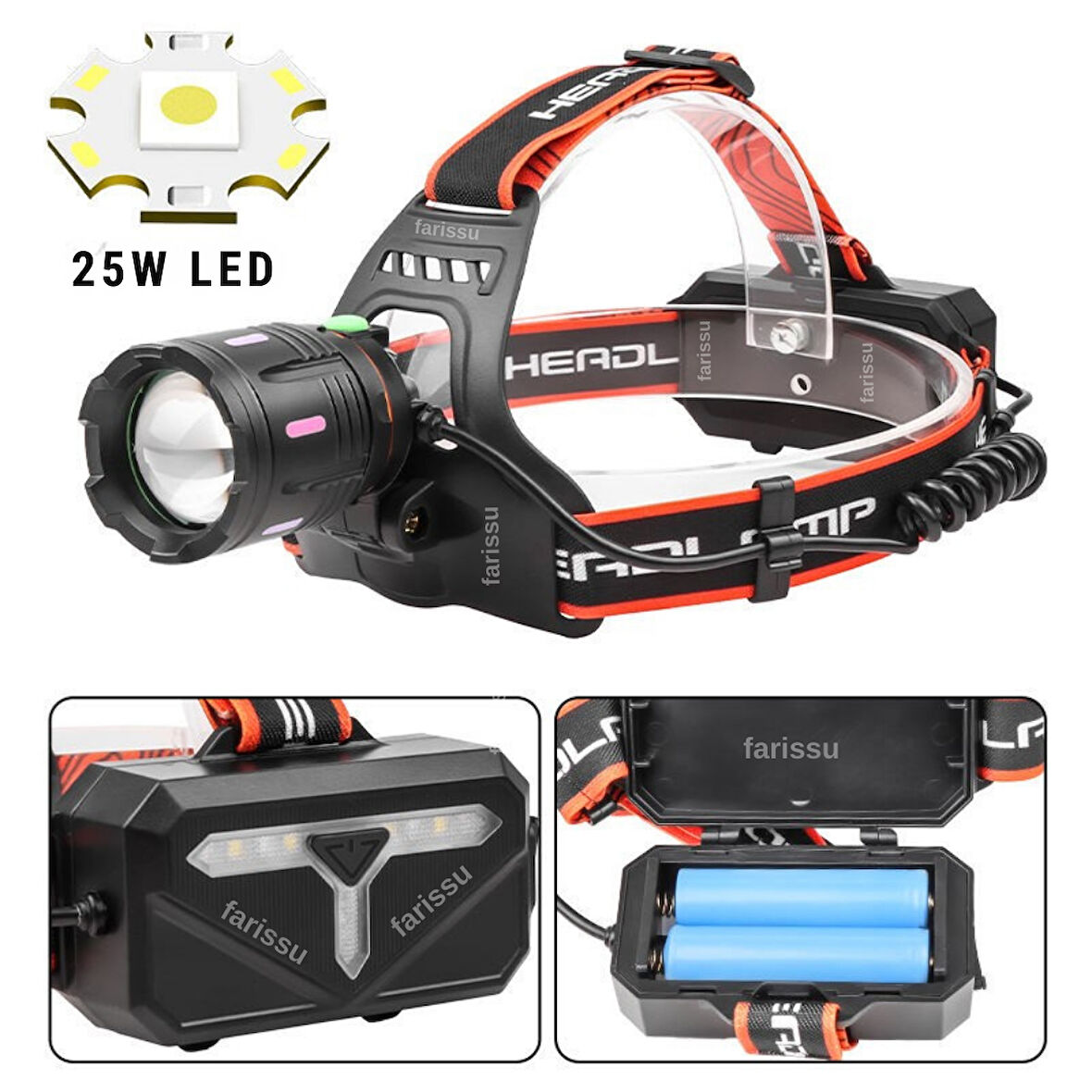 OR-810 25W Kafa Feneri | 1800 Lümen | 2 Pil | 12W Şarjlı