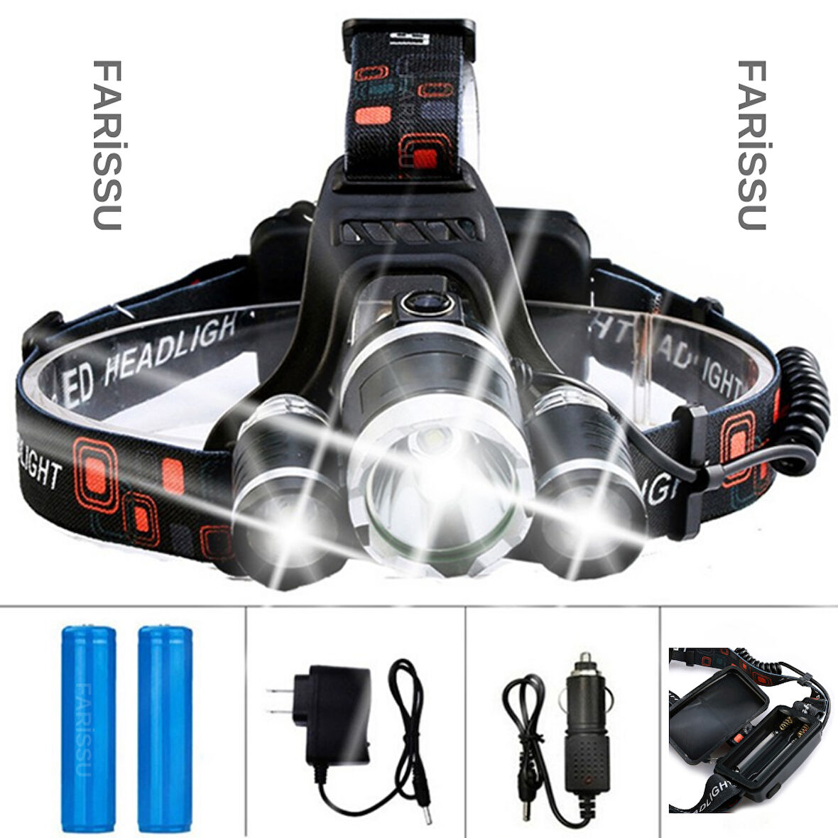 3xT6 Şarjlı Kafa Feneri | 3 LED | 6800mAh 2 Adet 18650 Pil | Su Geçirmez | Araba & Prizden Şarj | Kamp Av Farı