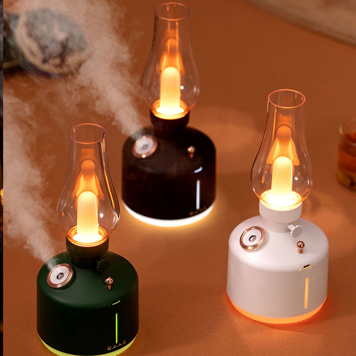 Beyaz Retro Gaz Lambası Modelli LED Nemlendirici & Aroma Difüzör - USB Şarjlı, Ayarlanabilir Işık